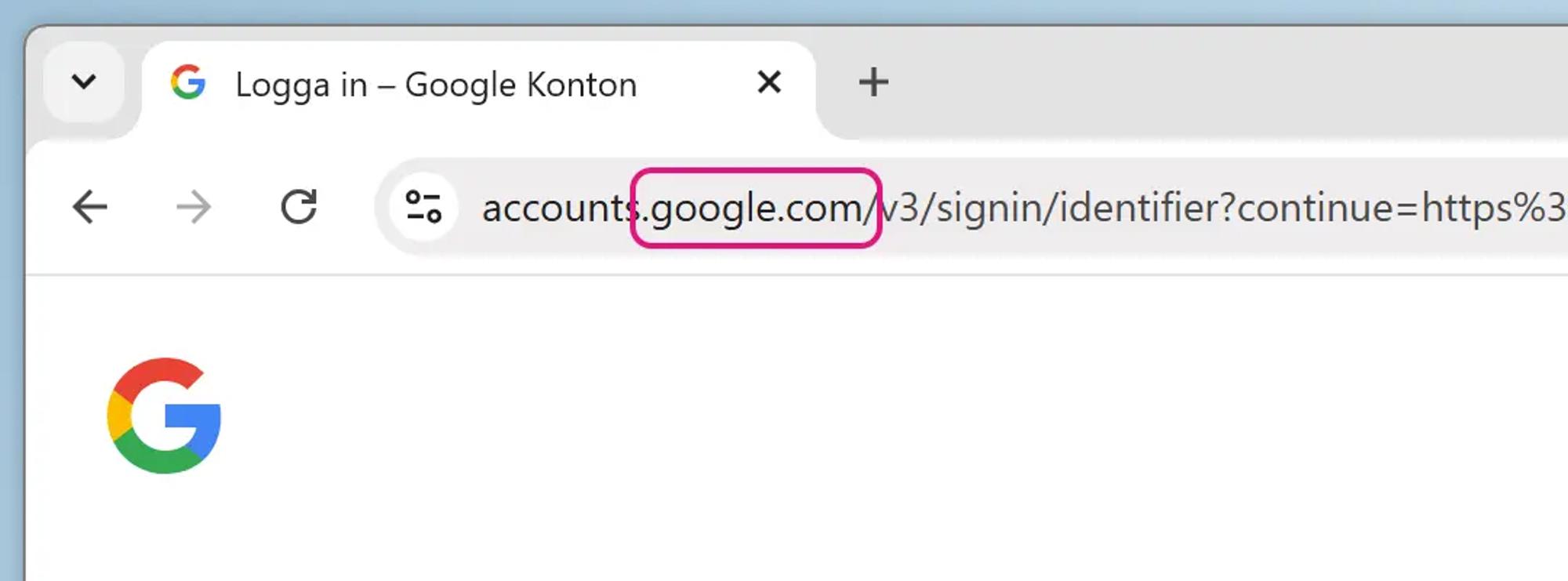 Skärmavbild av adressfältet i Google Chrome. Webbadressen som visas är ”accounts.google.com/v3/signin”. Huvuddomänen (”google.com”) är markerad.