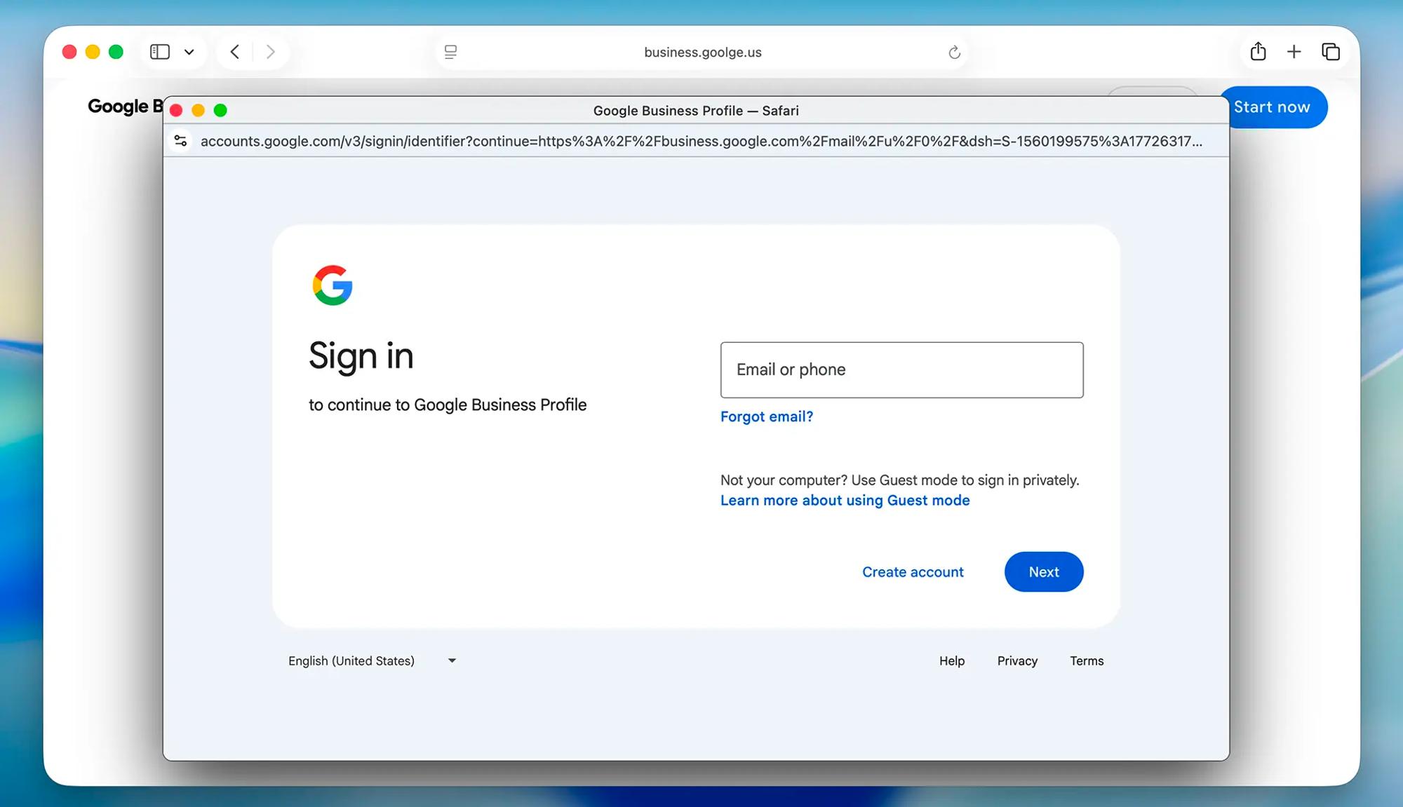 Skärmavbild av samma skadliga webbplats som visades tidigare i Windows, nu i Mac OS. Det läsarliknande inloggningsfönstret ser nu ut som ett fönster från Safari i Mac OS 26.
