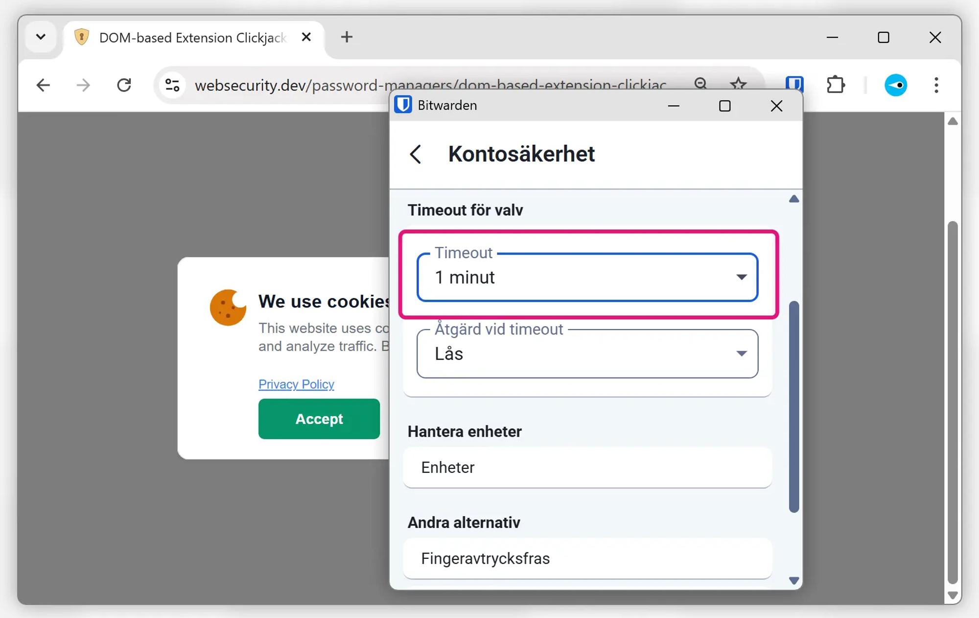 Skärmavbild av Bitwardens webbläsartillägg i Google Chrome. Inställningen ”timeout för valv” är satt till en minut.