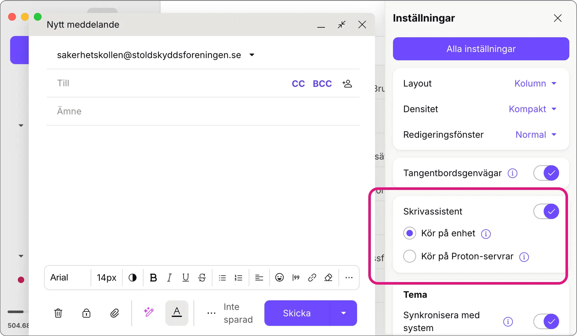 Skärmavbild av Proton Mails skrivbordsapp. Inställningen för Skrivassistent är inställd på ”kör på enhet” i stället för på ”kör på Proton-servrar”.