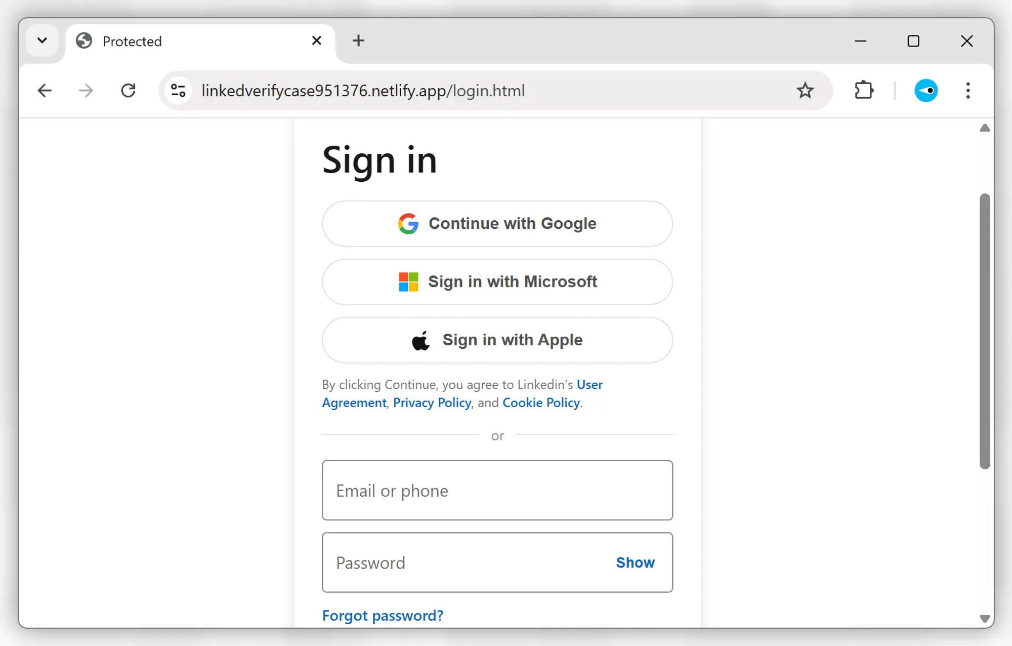 Skärmavbild av falsk inloggningssida på den klonade Linkedin-webbplatsen.
