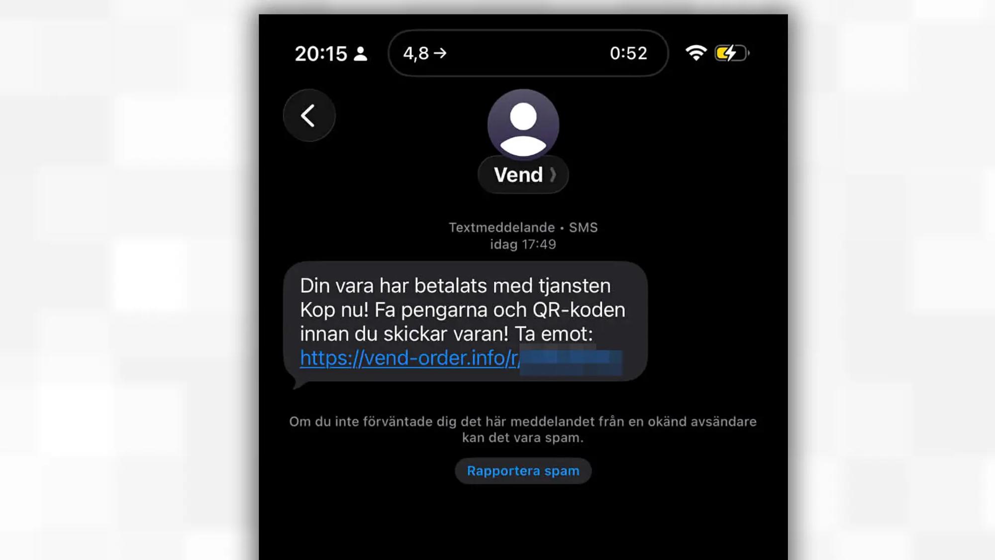 Skärmavbild av bluff-sms från avsändaren Vend. I sms:et står följande meddelande. ”Din vara har betalats med tjänsten Kop nu! Fa pengarna och QR-koden innan du skickar varan! Ta emot:” Meddelandet avslutas med en länk.