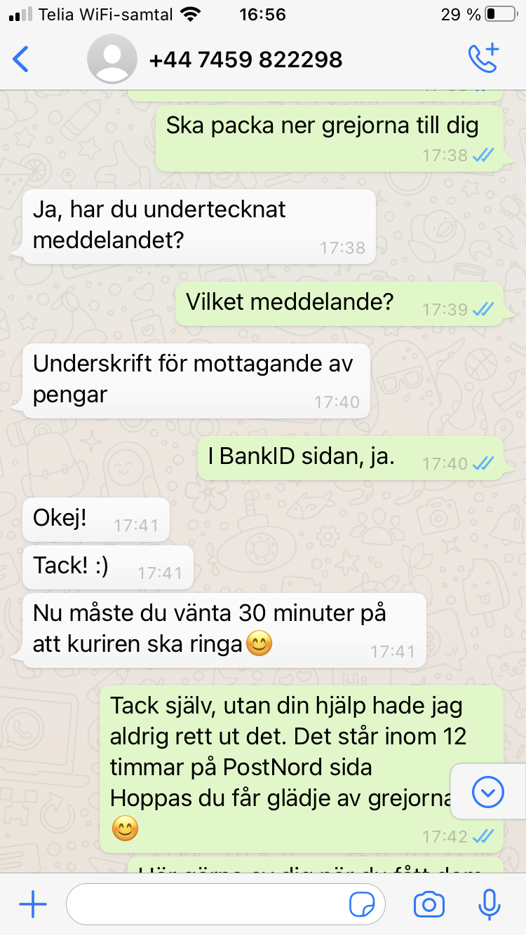 Blocket bedrägeri via whatsapp samtal