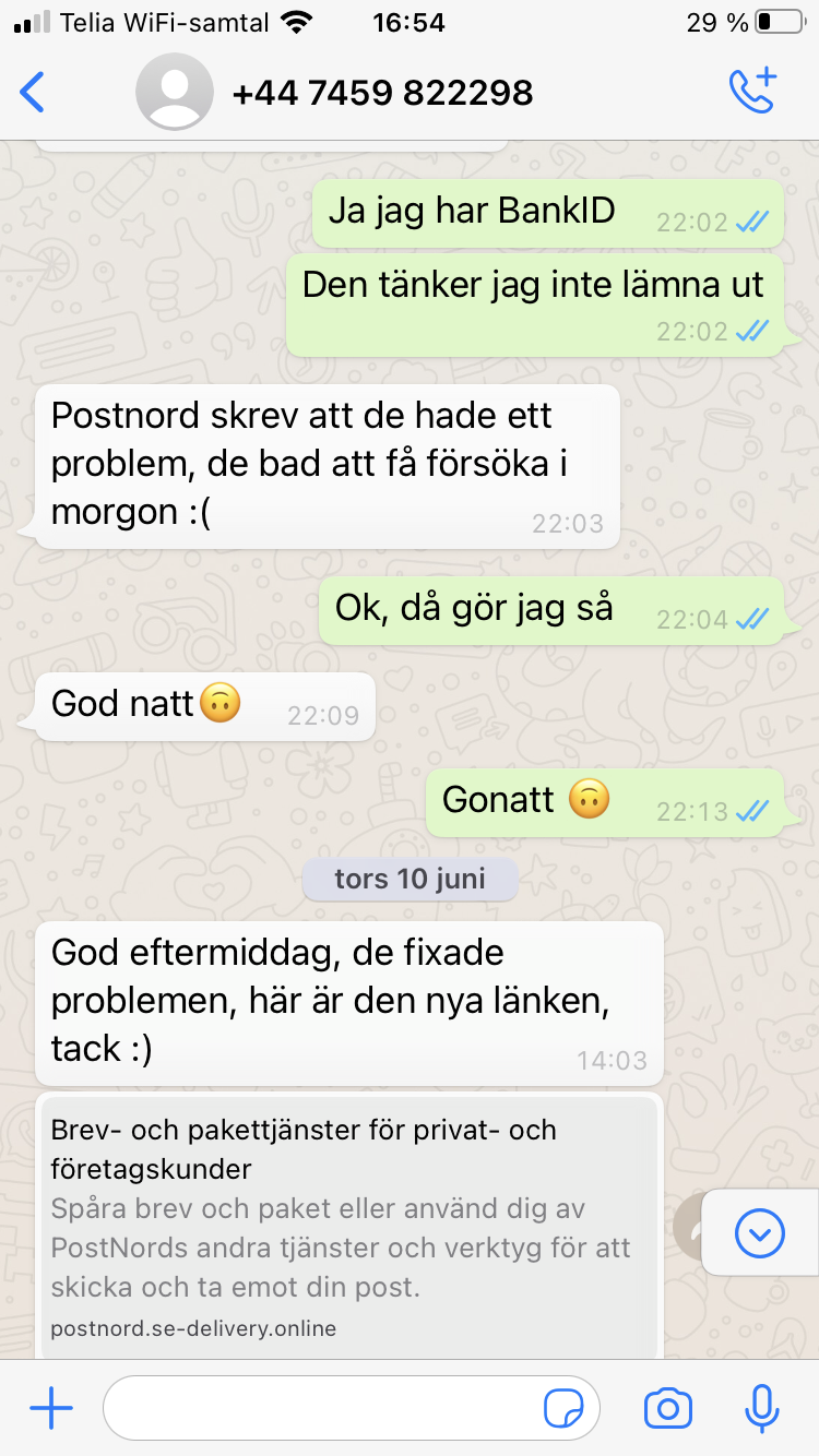 Blocket bedrägeri via whatsapp samtal