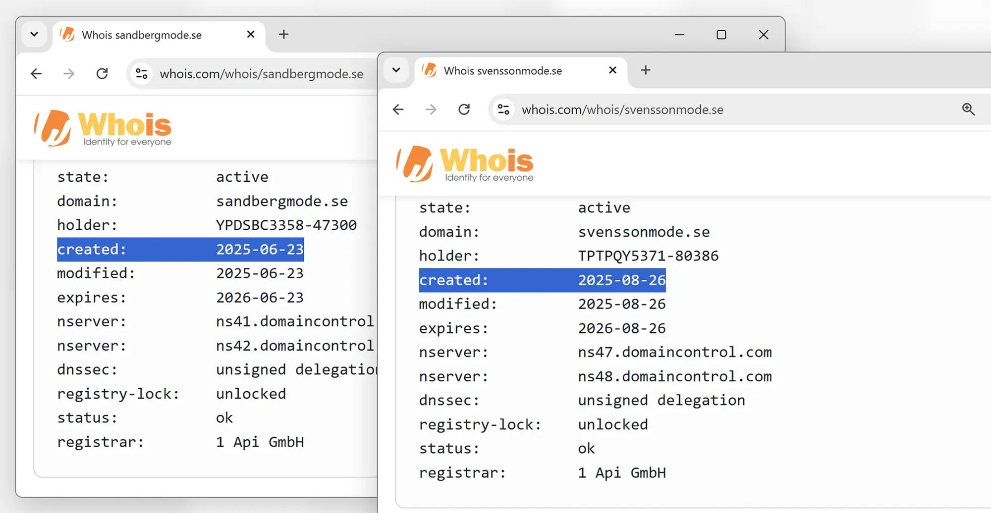 Skärmavbilder på sökresultat på whois.com. Resultatet visar att domänen sandbergmode.se registrerades 2025-06-23 och att domänen svenssonmode.se registrerades 2025-08-26. 