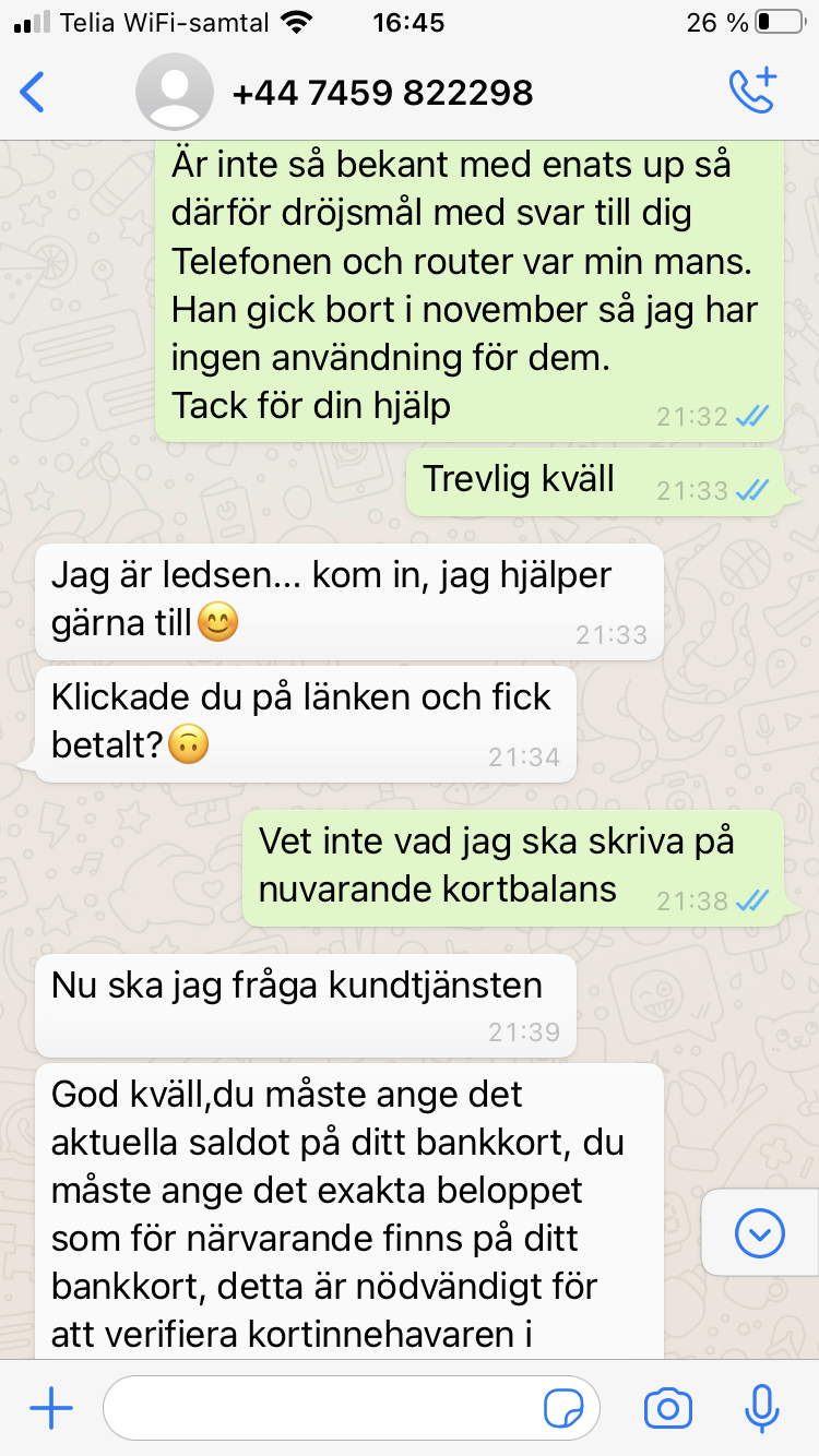 Blocket bedrägeri via whatsapp samtal