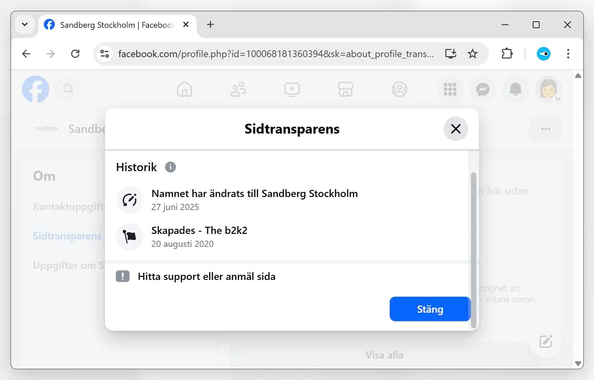 Skärmavbild av Facebooks sidtransparensverktyg som visar informationen för Sandberg Stockholm. Det framgår att Facebook-sidan registrerades 20:e augusti 2020 med namnet ”The b2k2”. Sidan bytte namn till Sandberg Stockholm 27:e juni 2025.