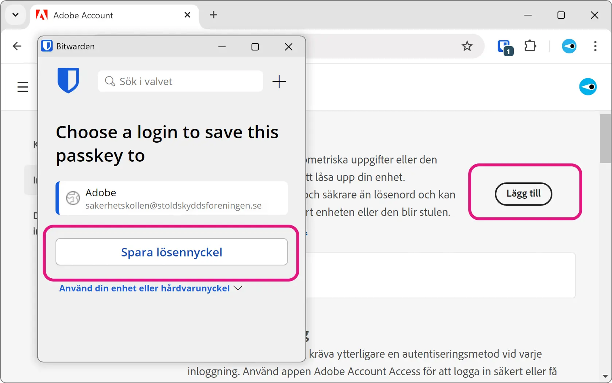 Skärmavbild av Adobes inställningssidor där knappen ”Lägg till” för lösennyckel är markerad. Bitwardens fönster visas ovanpå med uppmaningen ”Choose a login to save this passkey to”. 