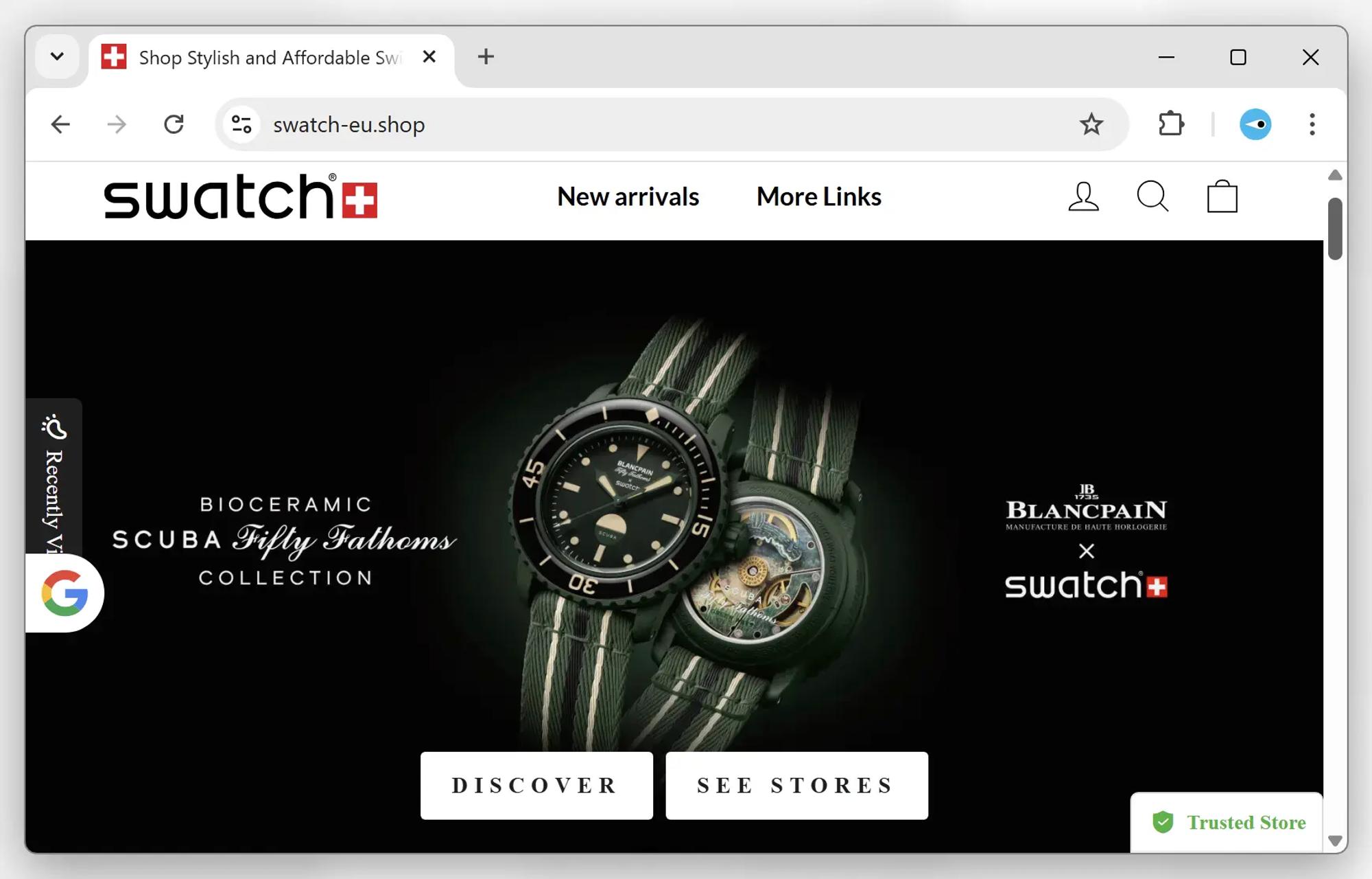Skärmavbild av falsk Swatch-webbplats. Logotypen är korrekt men domänen i webbadressfältet är fel (swatch-eu-shop).