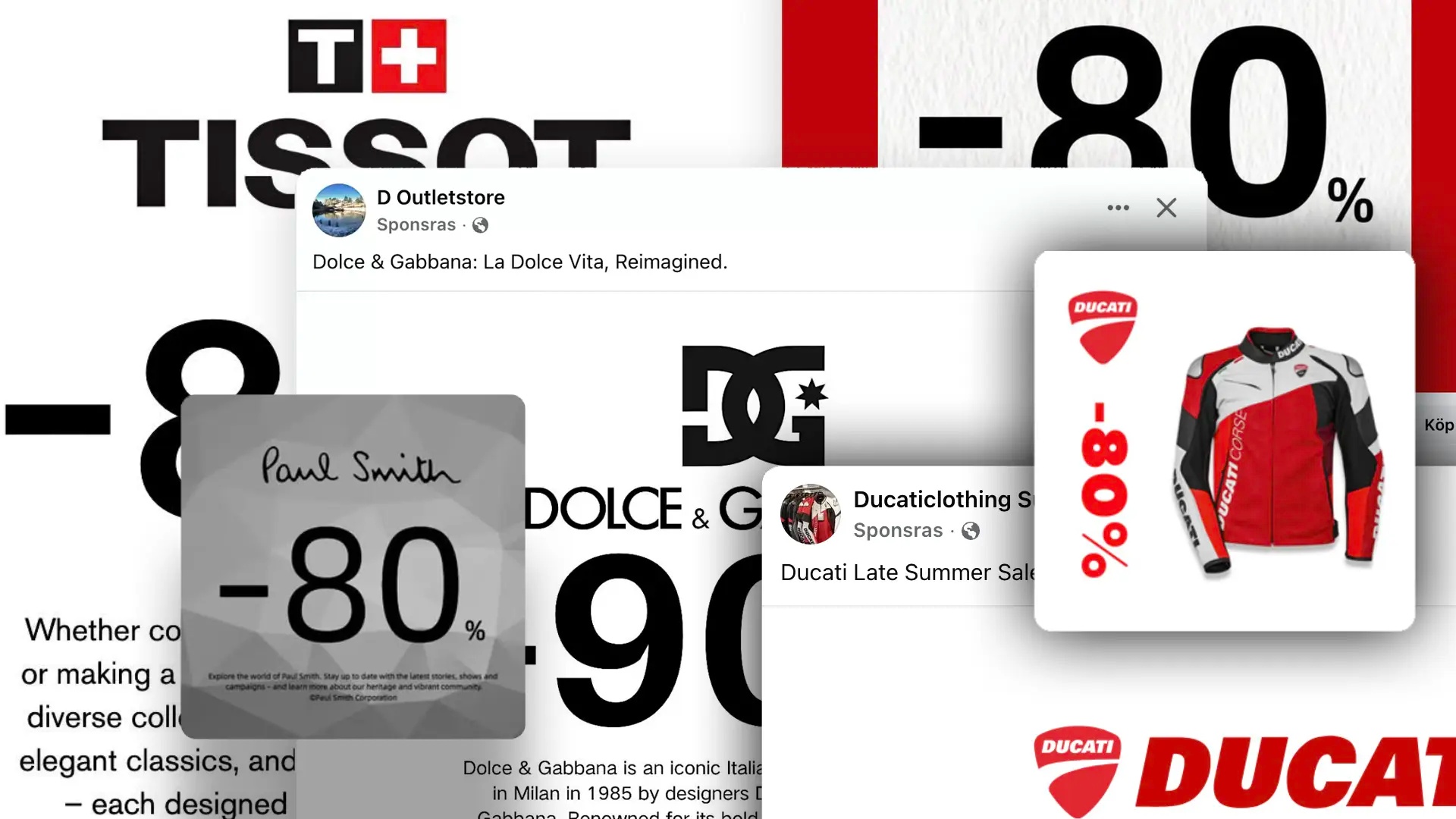 Skärmavbild på falska annonser för Tissot, Dolce & Gabbana, Paul Smith och Ducati.
