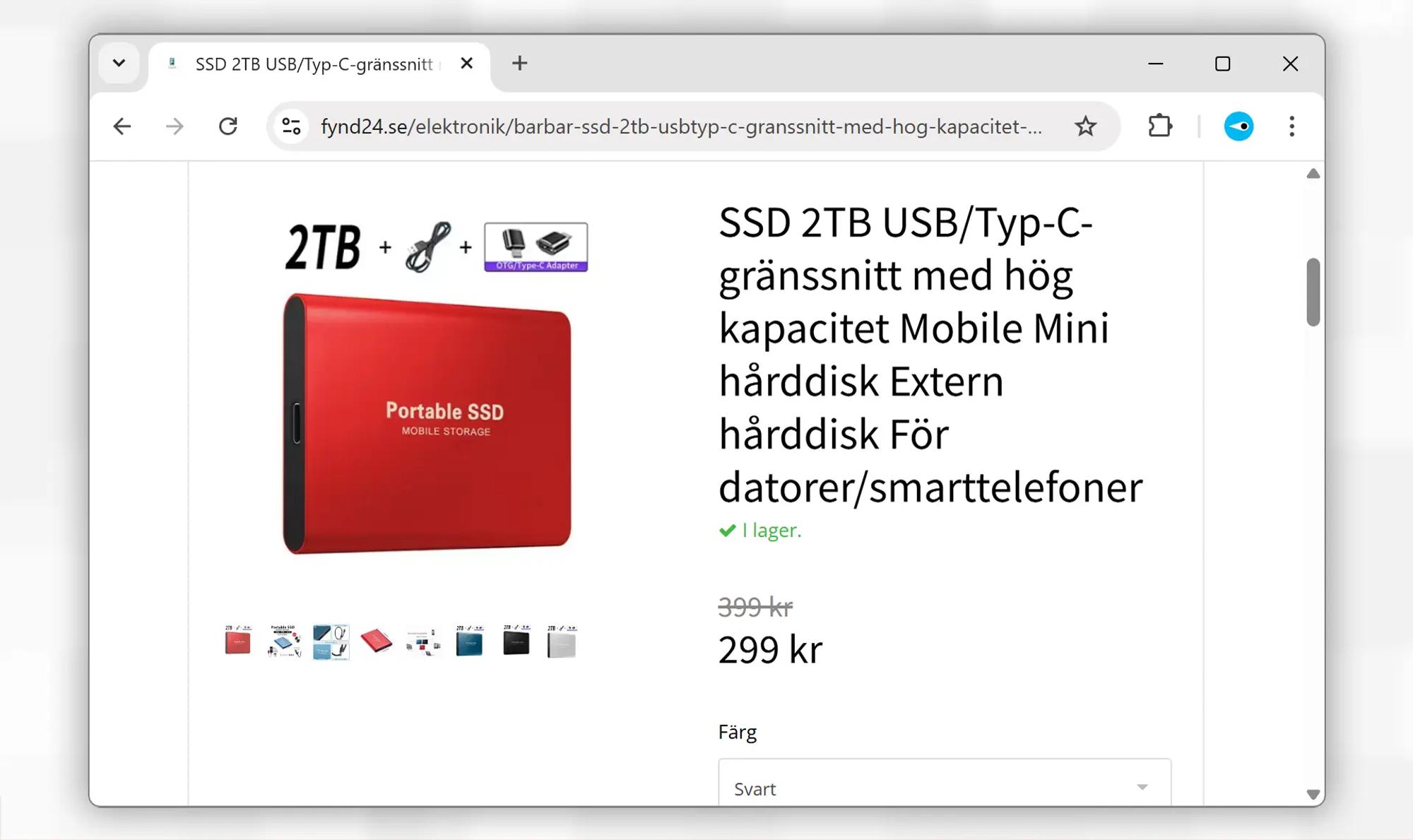 Skärmavbild av svensk dropshipping-butik som säljer en extern SSD-disk à två terabyte för 299 kronor. Produkten påstås ha kostat 399 kronor.