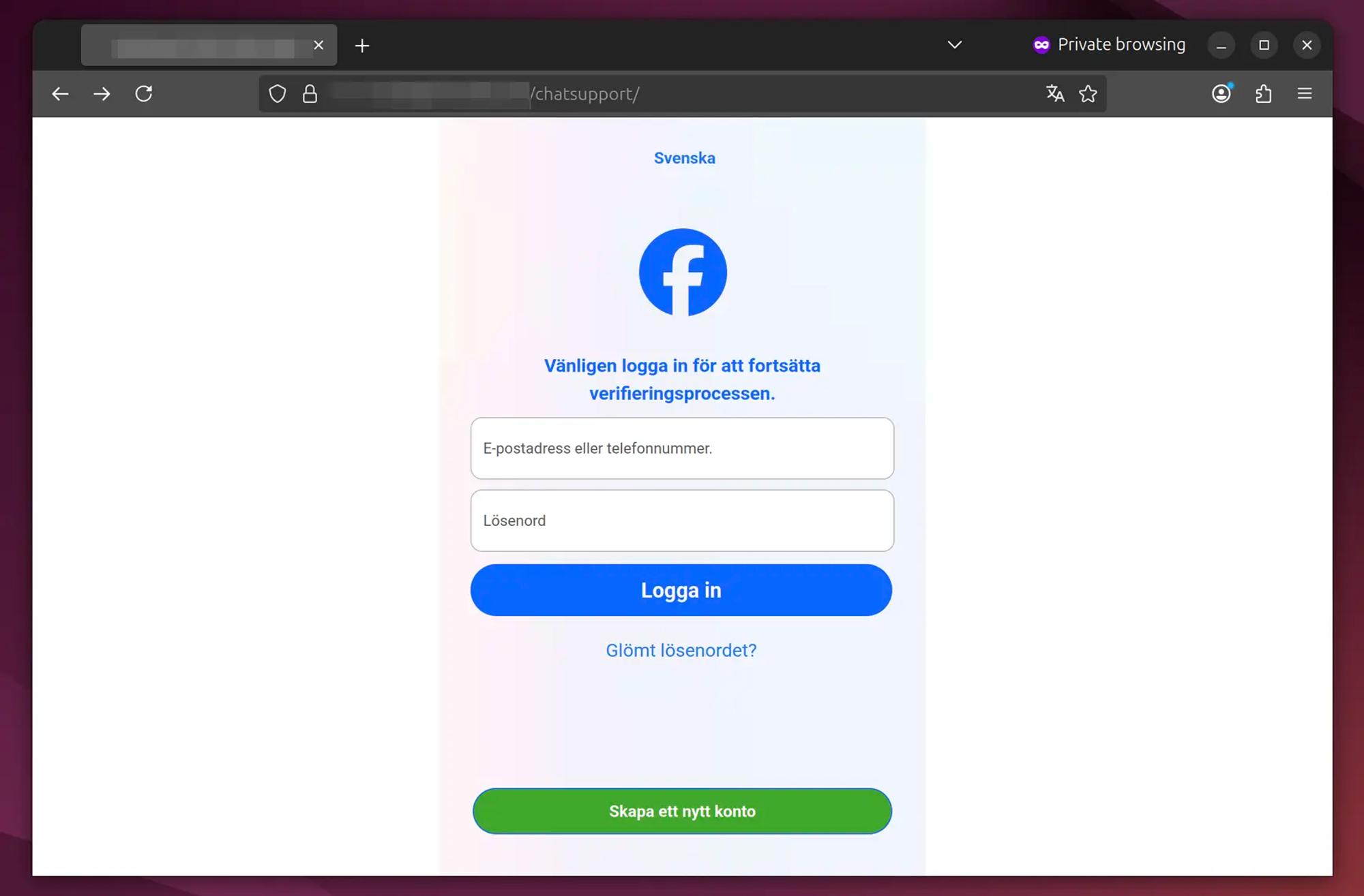 Skärmavbild av falsk Facebook-inloggningssida med uppmaningen ”vänligen logga in för att fortsätta verifieringsprocessen”.