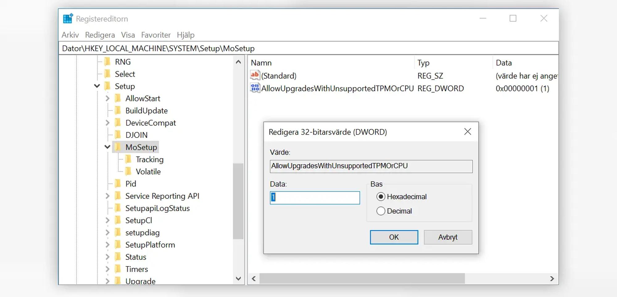 Skärmavbild av Registereditorn i Windows 10. Visar ett 32-bitarsvärde med namn AllowUpgradesWithUnsupportedTPMOrCPU, data ”1” och bas ”hexadecimal”.