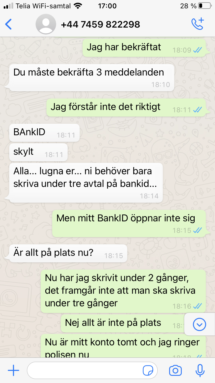 Blocket bedrägeri via whatsapp samtal