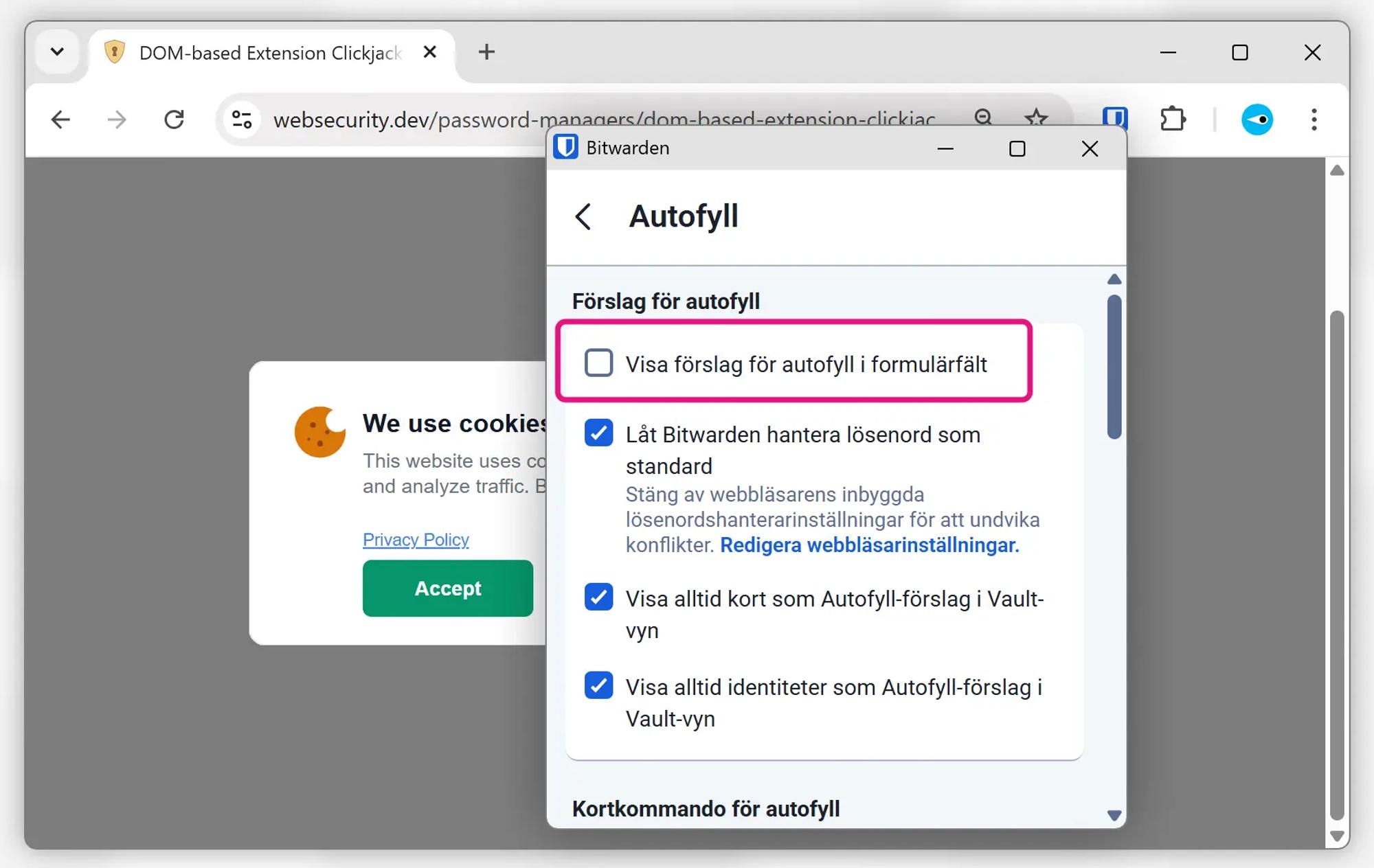 Skärmavbild av Bitwardens webbläsartillägg i Google Chrome. Inställningen ”visa förslag för autofyll i formulärfält” är urkryssad.