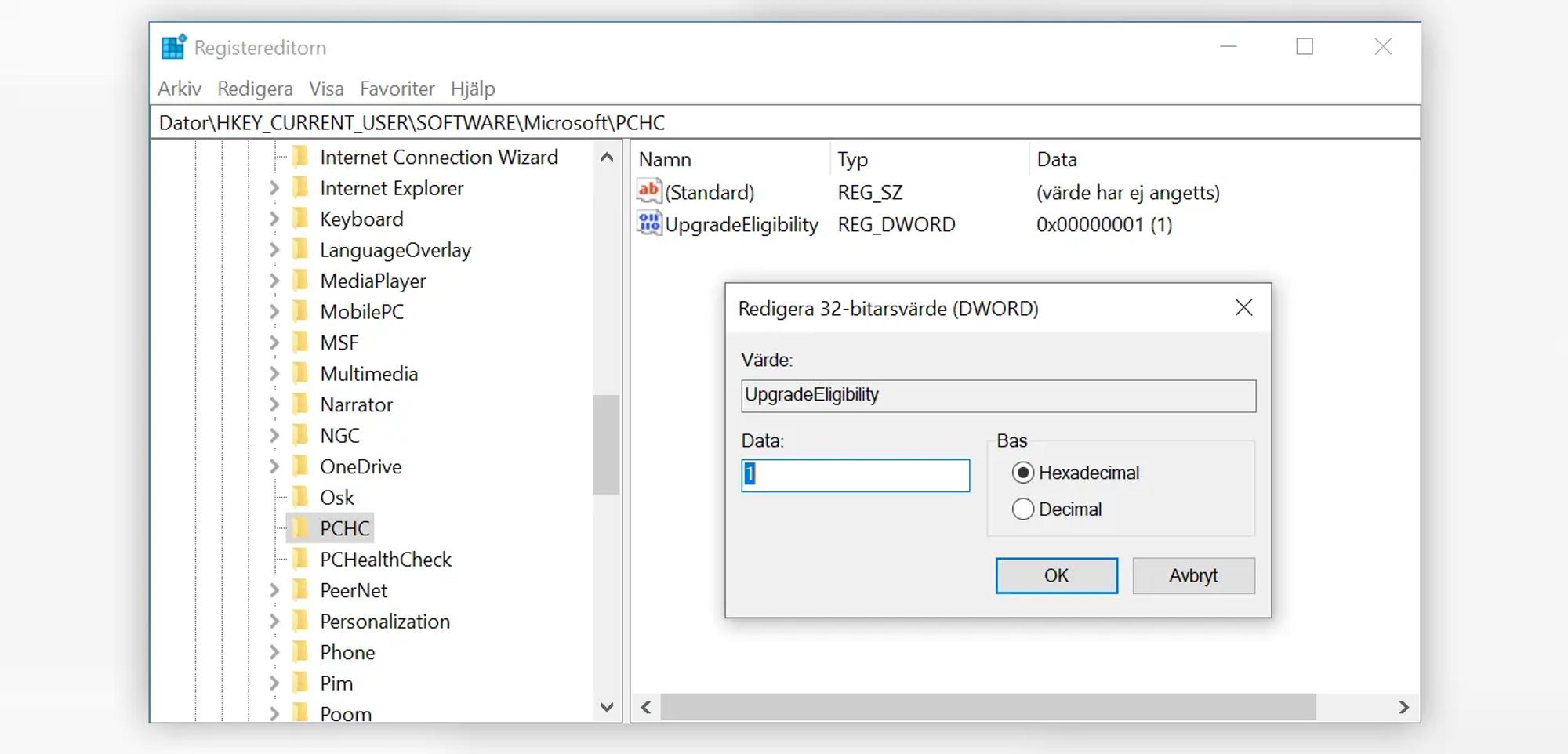 Skärmavbild av Registereditorn i Windows 10. Visar ett 32-bitarsvärde med namn UpgradeEligibility, data ”1” och bas ”hexadecimal”.