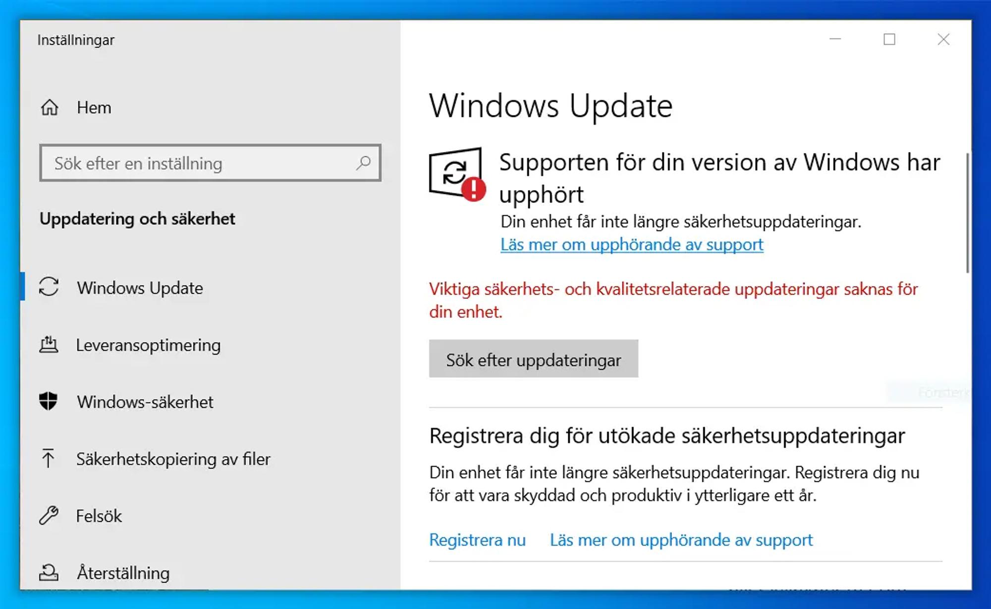 Skärmavbild av Windows Update som visar varningen ”viktiga säkerhets- och kvalitetsrelaterade uppdateringar saknas för din enhet” och uppmaningen ”registrera dig för utökade säkerhetsuppdateringar”.