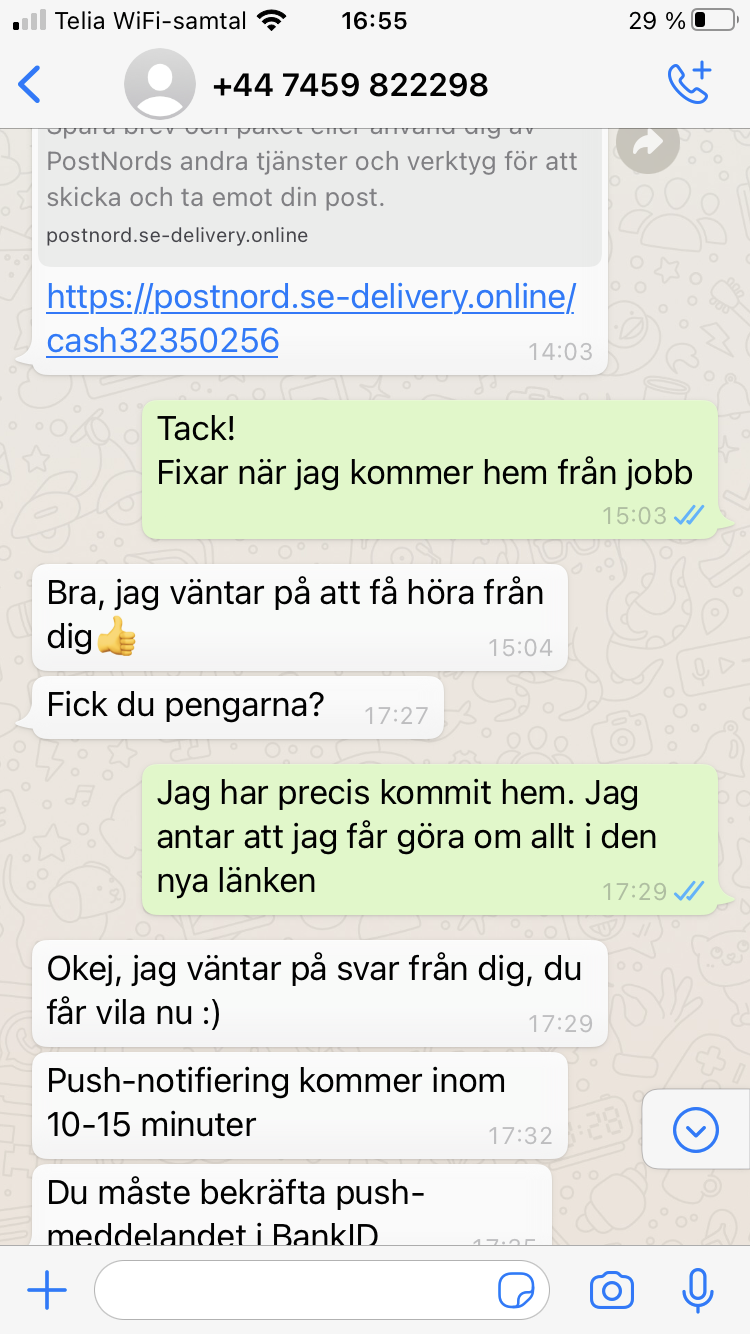 Blocket bedrägeri via whatsapp samtal