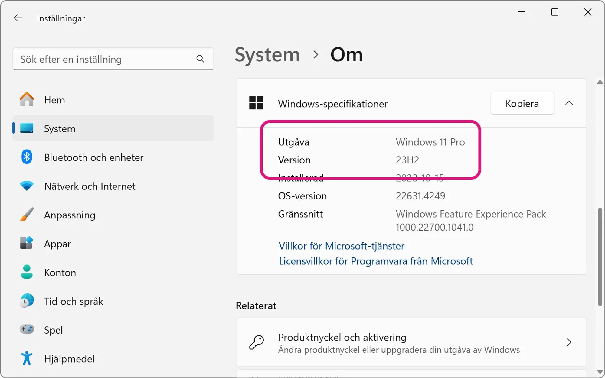 Skärmavbild av Inställningar-appen i Windows som visar att datorn kör Windows 11 23H2.