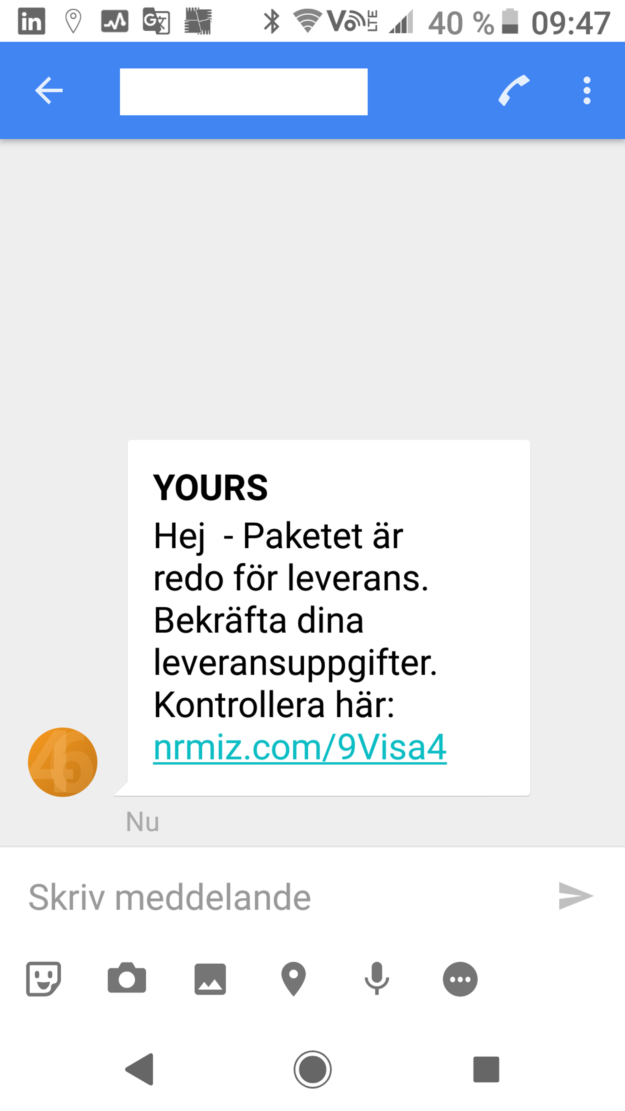 bedragare på att skicka ut falska sms. I sms:et finns också en länk som man ska klicka på för att kunna betala en leveransavgift, spåra sitt paket eller bekräfta sin leverans