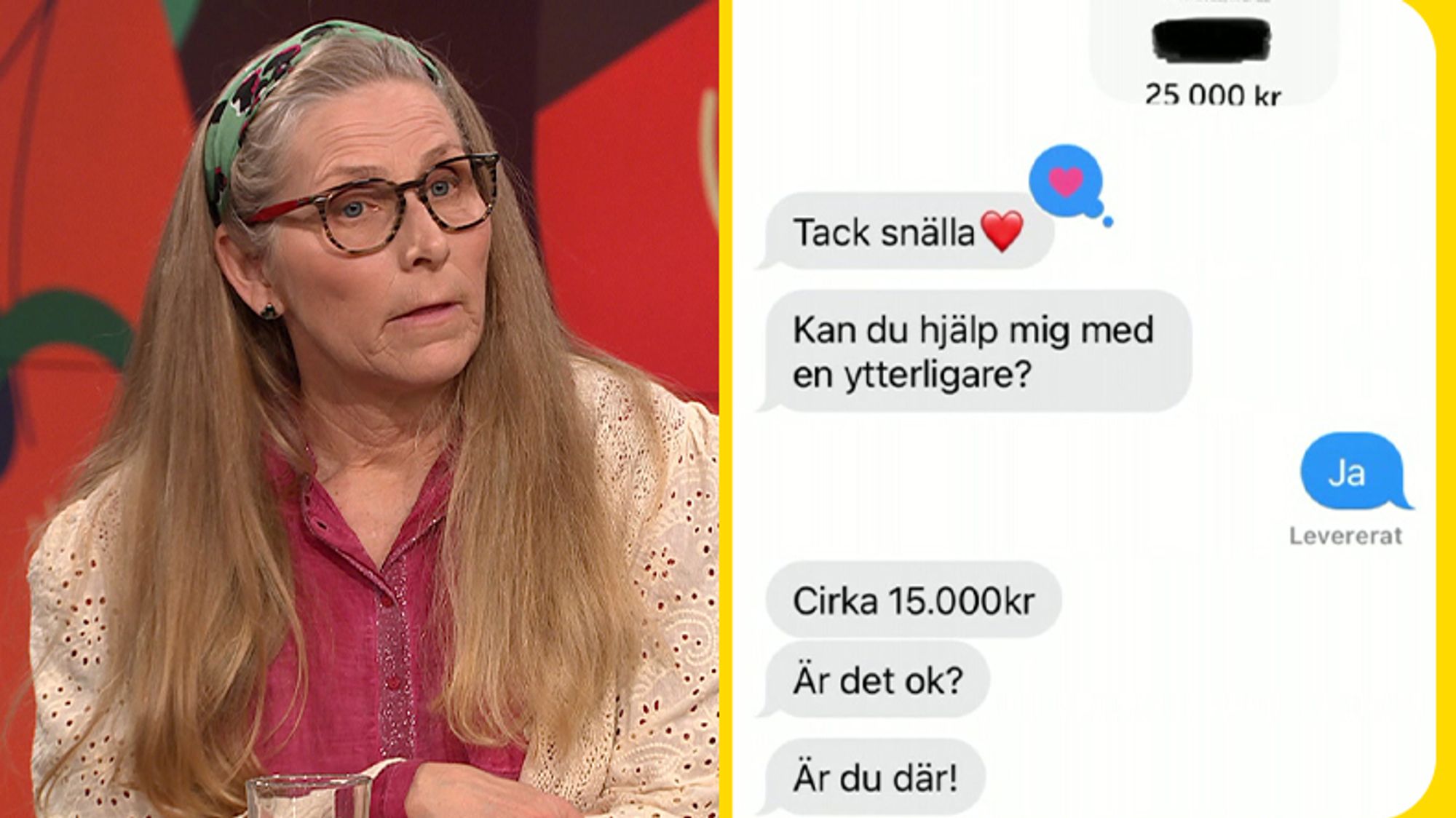 Bild på Åsa Ikekhua och sms-konversationen med bedragare som utgav sig för att vara hennes son.