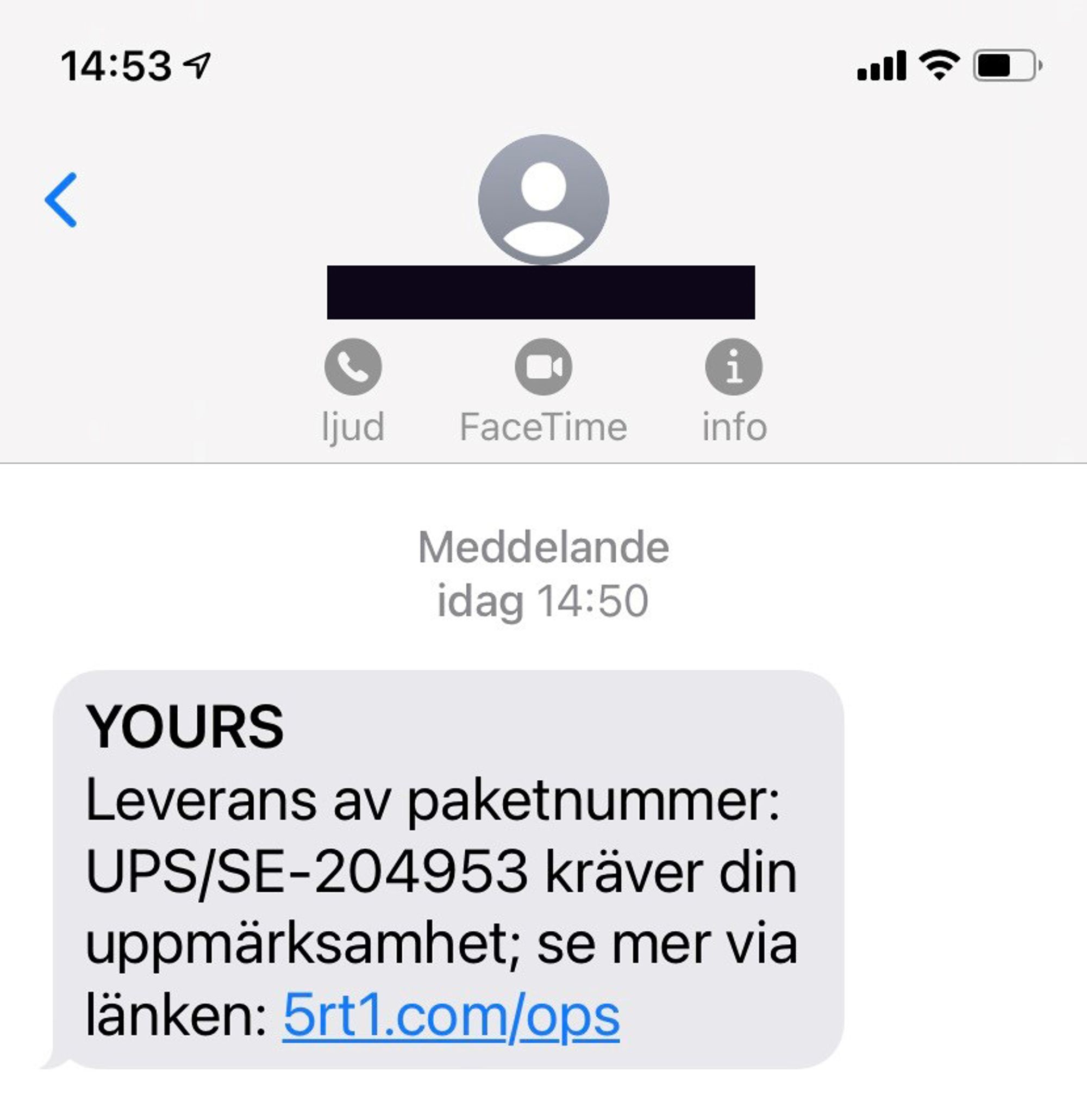 Falskt sms som ser ut att komma från UPS