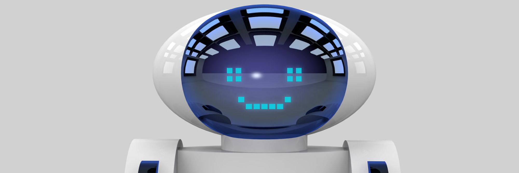 En bild på en vit robot med blåa lampor till ögon och en mun som ler.