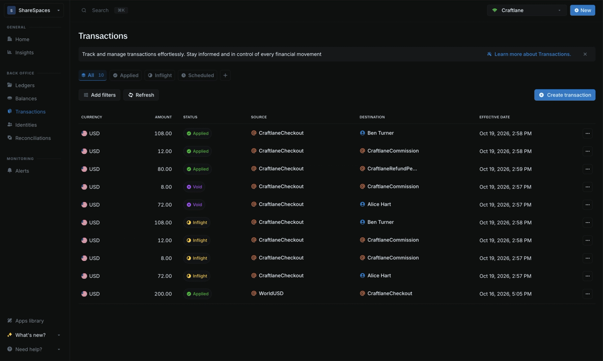 Blnk Cloud transactions showing the refund-pending amount, Ben's applied seller and commission amounts, Alice's voided holds, and the original inflight records.