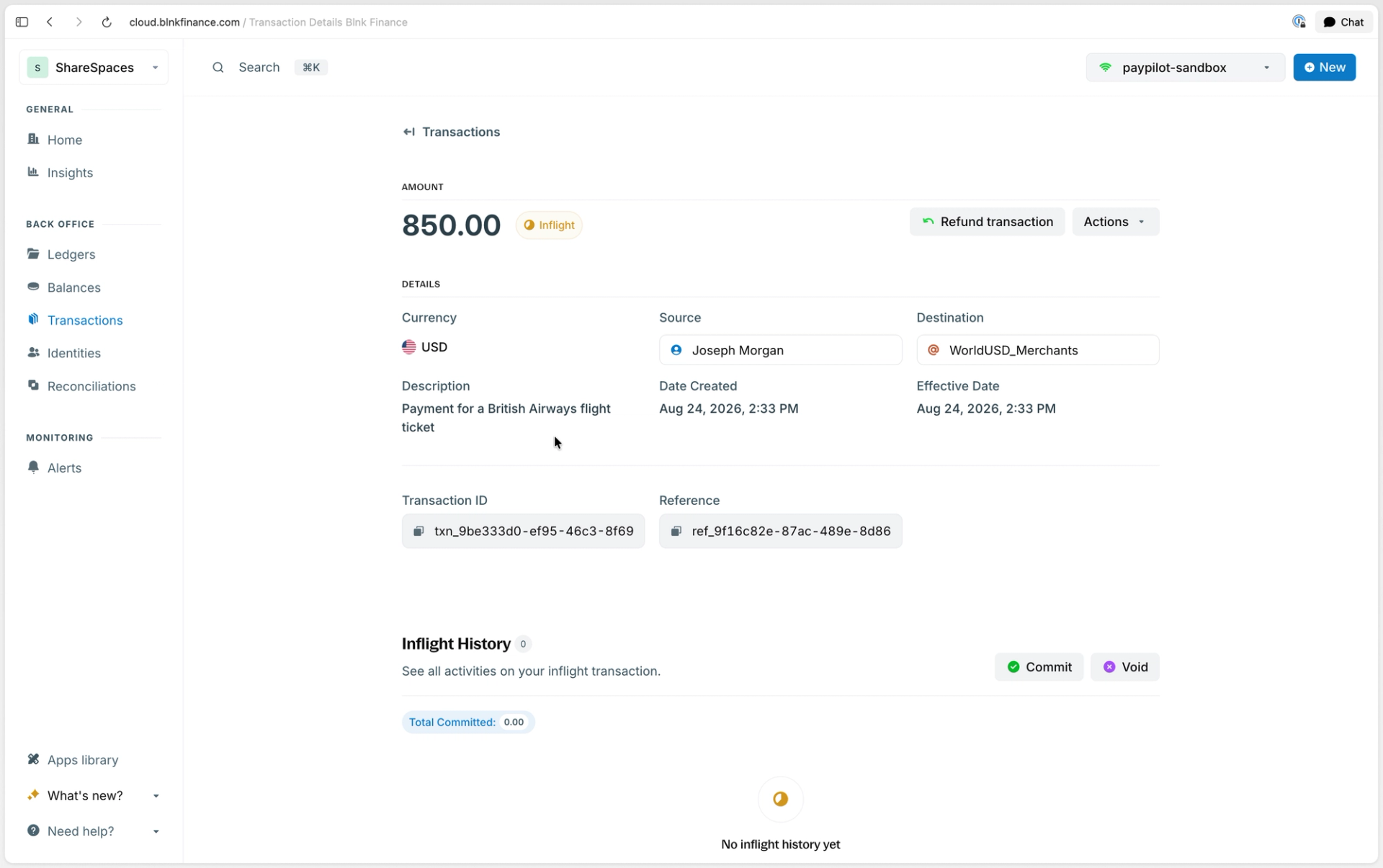 Screenshot of the transaction details on Blnk Cloud showing an inflight $850 transaction from the agent balance to the merchants