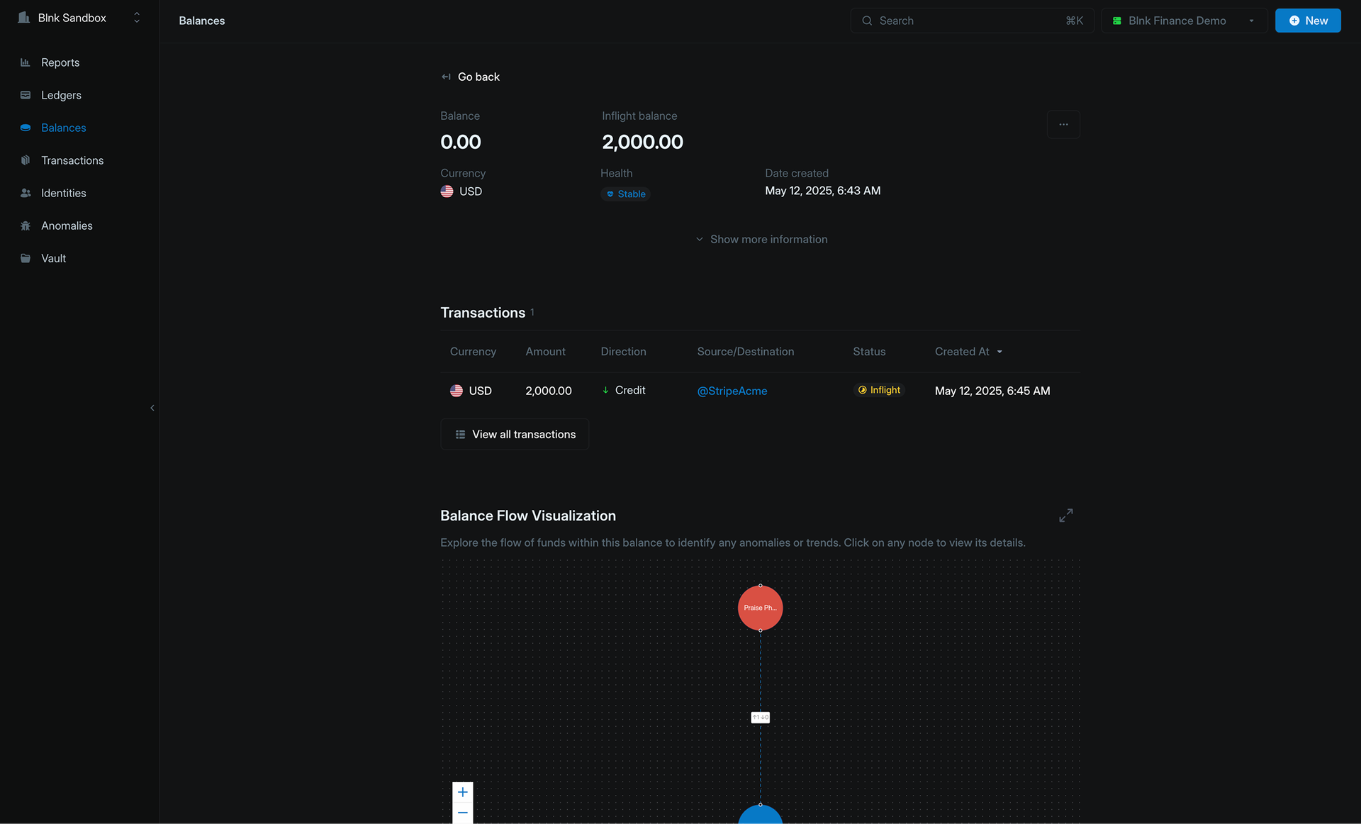 A balance details page showing pending transaction amounts and transaction history