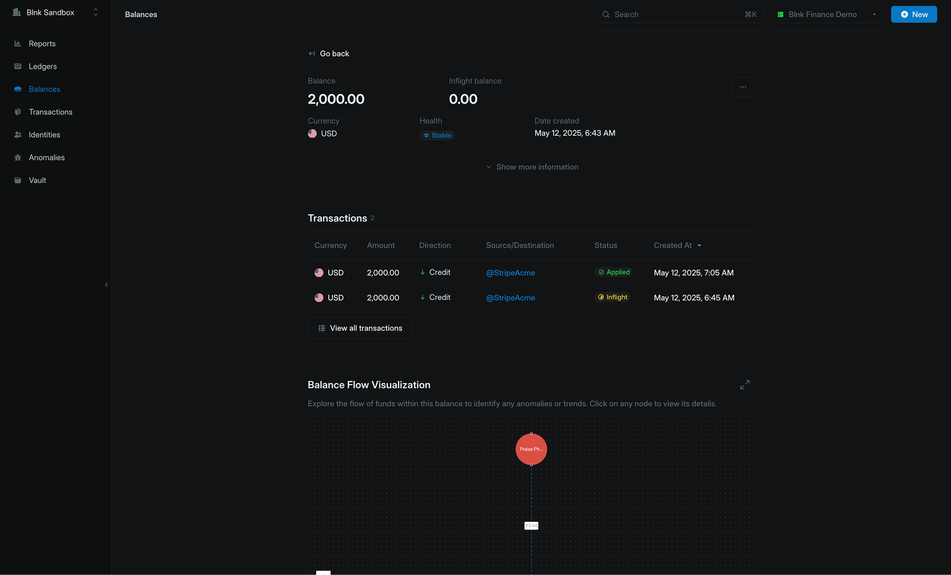 A balance details page showing its updated balance and its inflight history