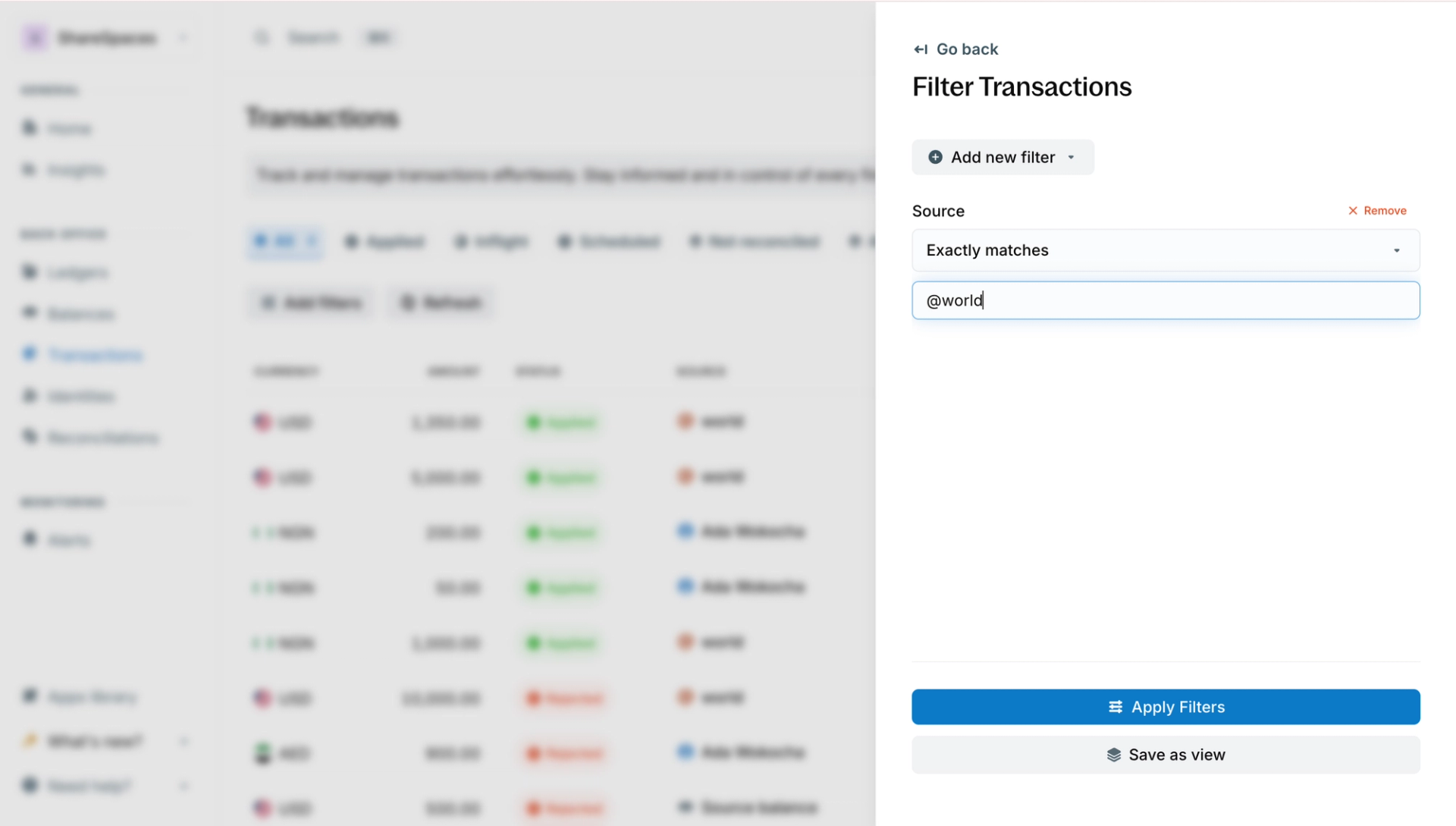Transaction filters and saved views in Blnk Cloud
