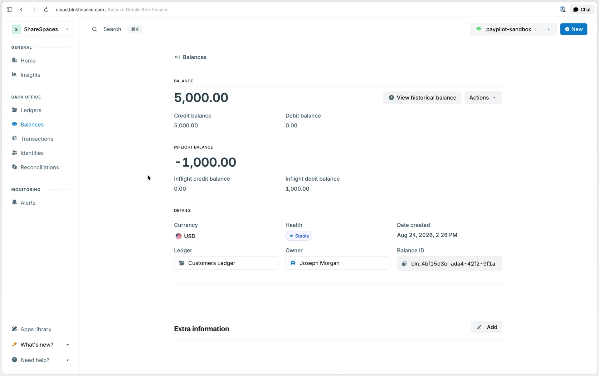 Screenshot of the Blnk Cloud balance details page showing a balance with $5,000 with a $1,000 inflight debit hold