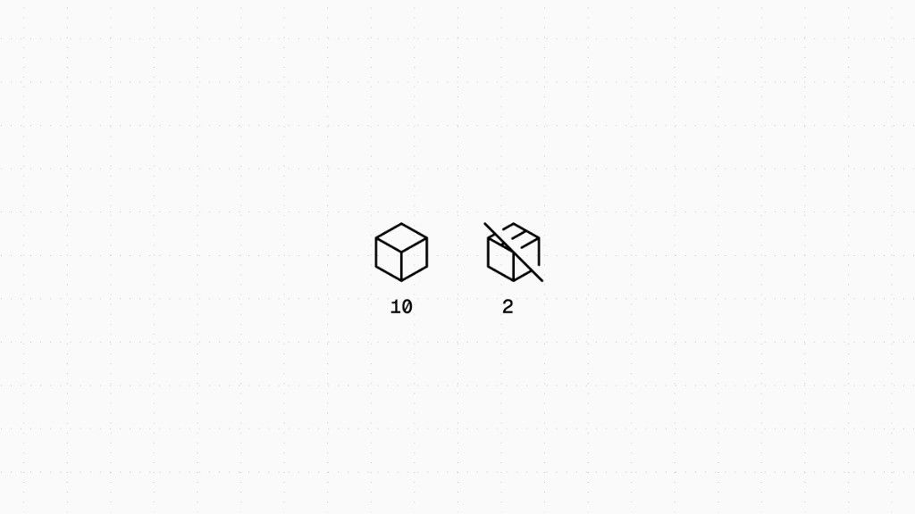 Line drawing of a closed cube labeled 10 next to an open cube labeled 2