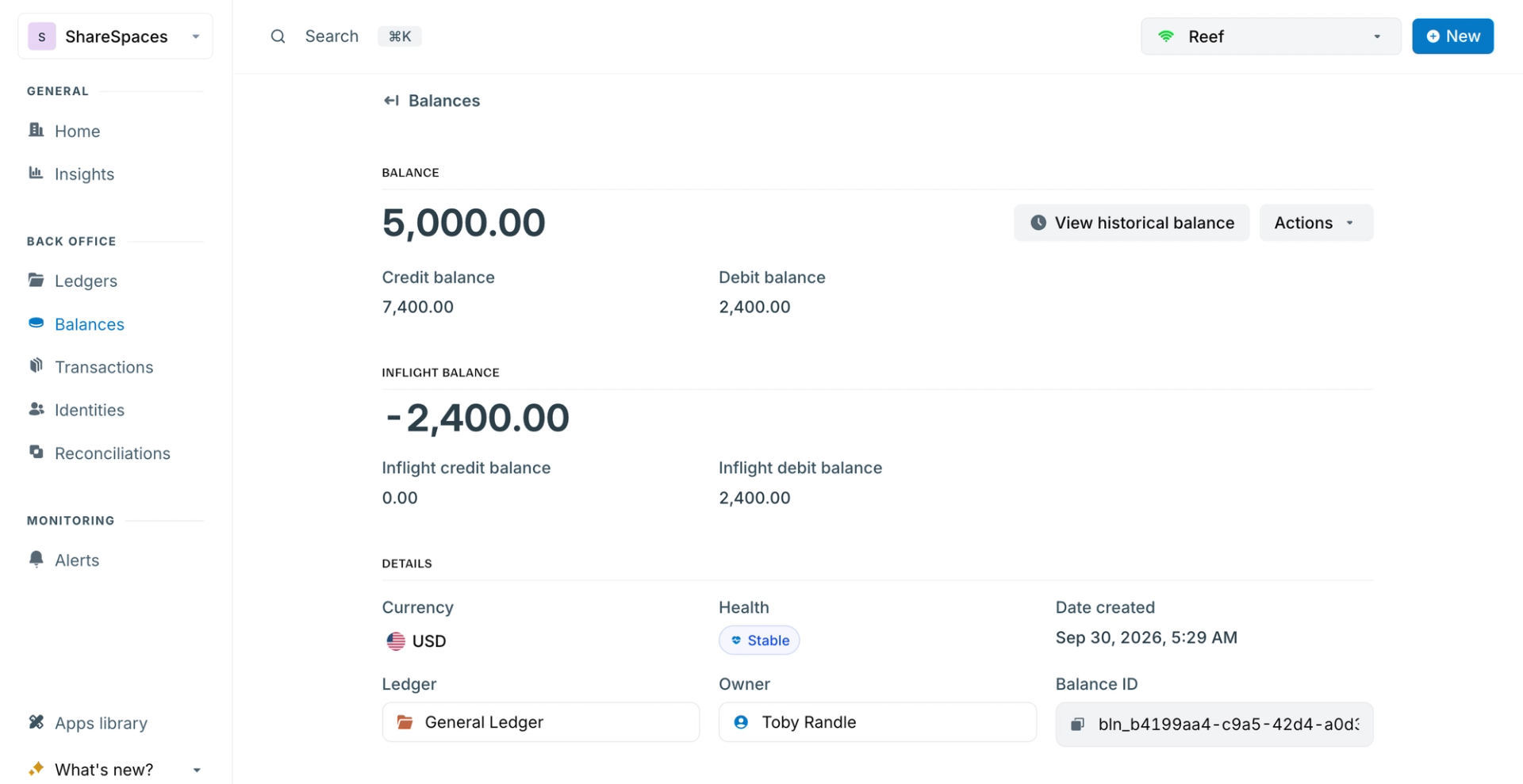 Toby’s USD balance in Blnk Cloud, showing $5,000 and a −$2,400 inflight balance