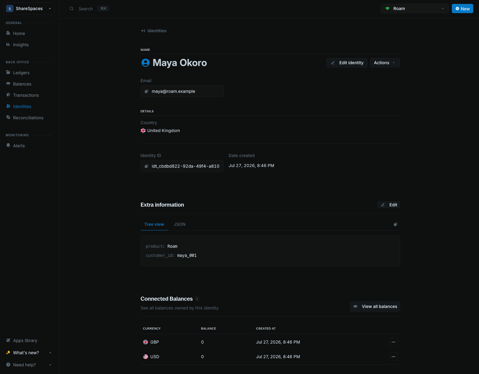 Maya’s identity in Blnk Cloud, linked to separate USD and GBP balances.
