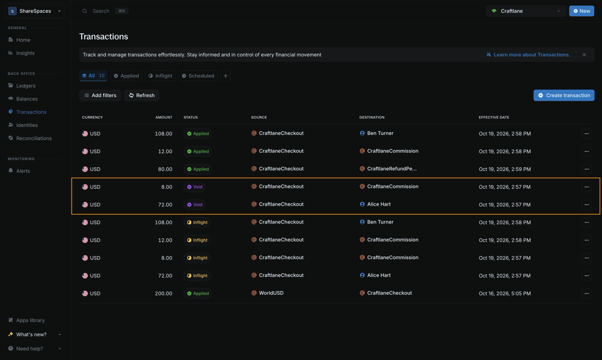 Blnk Cloud transactions showing the refund-pending amount and the voided seller and commission holds for Alice's cancelled lamp.