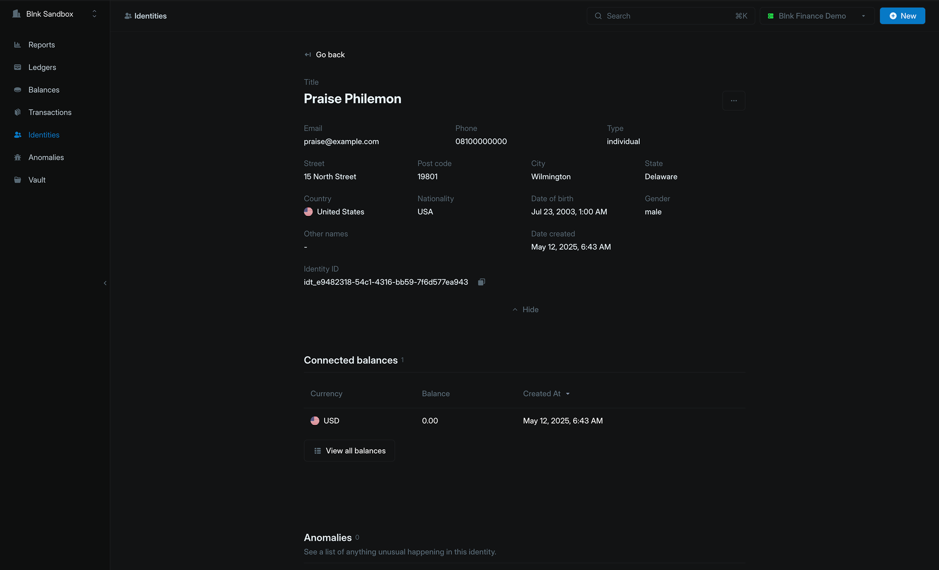 An identity details page.