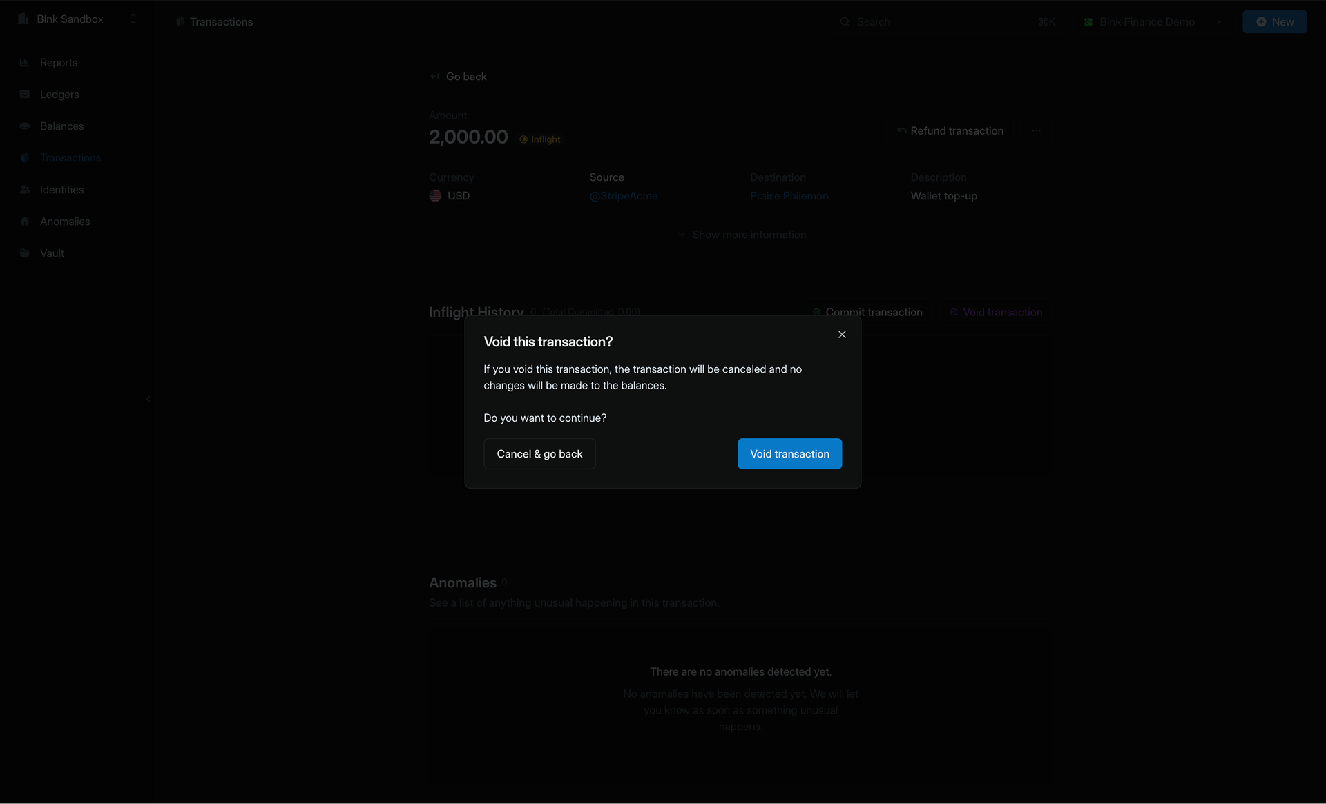 A confirmation modal asking the user if they'd like to void an inflight transaction.
