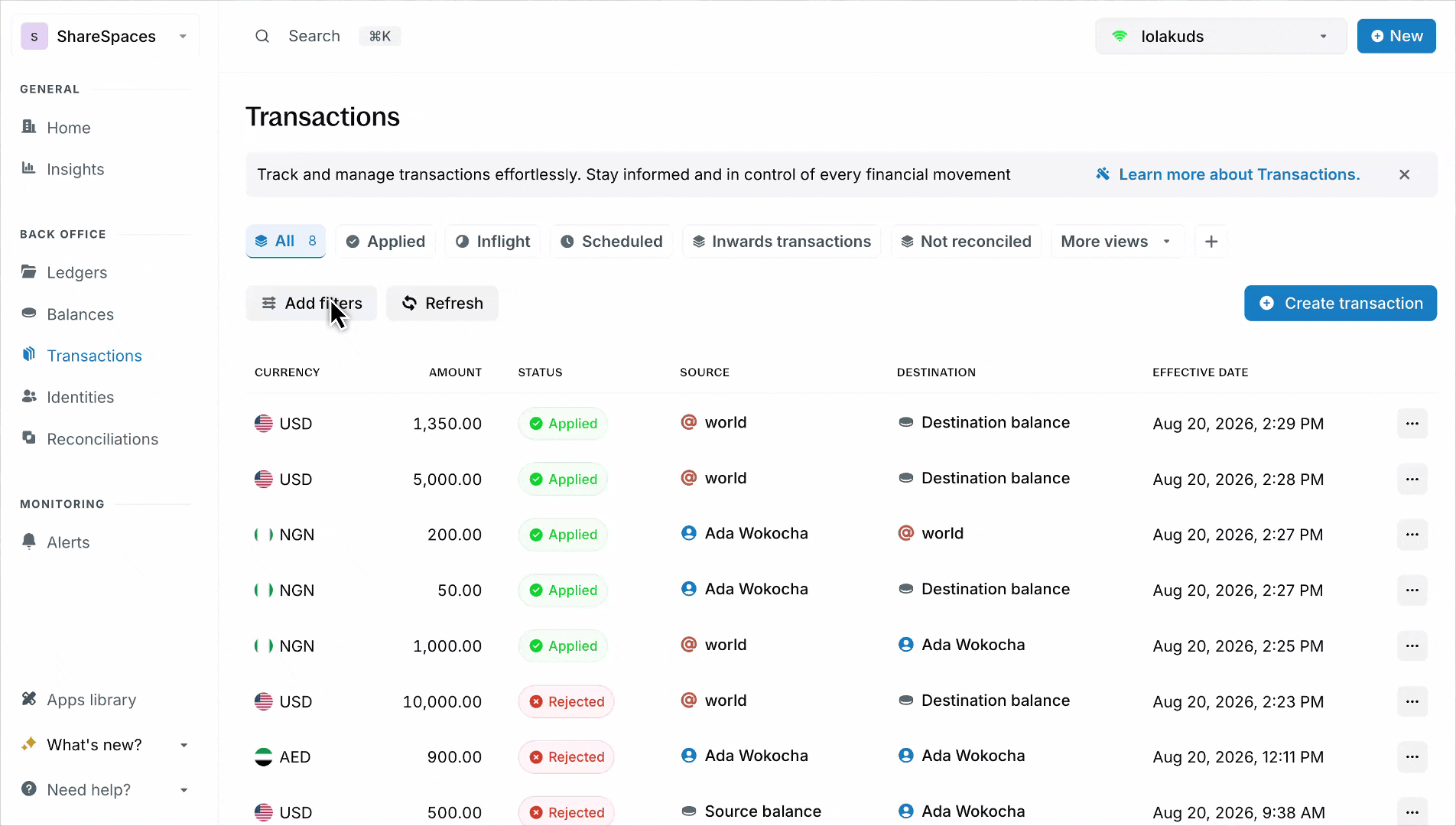 Saving transaction filters as a View in Blnk Cloud