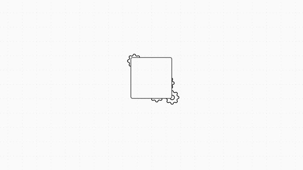 Square with gears behind it on a dotted grid, representing ledger infrastructure