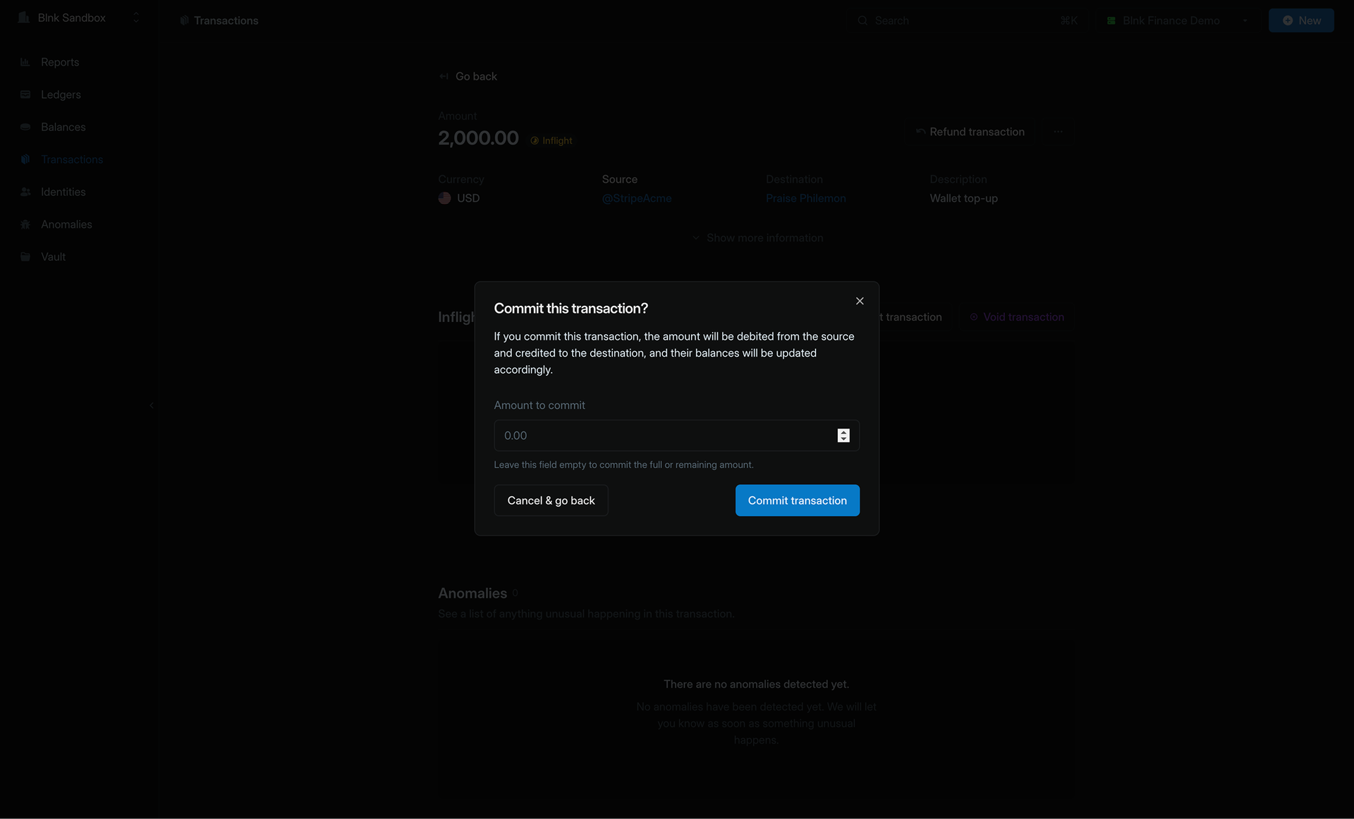 A confirmation modal asking the user if they'd like to commit an inflight transaction.