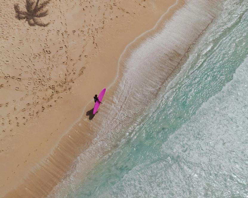 Overhead photo of person carrying a pink surfboard on a tropical beach