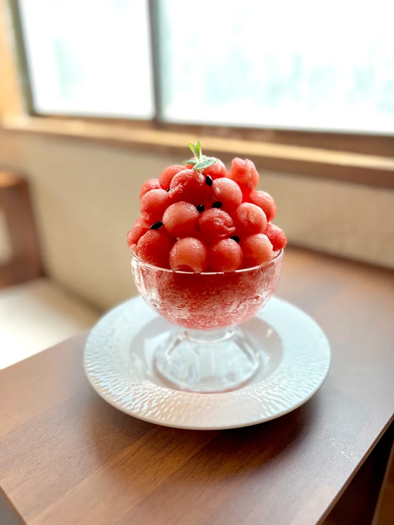을지로 문덕카페 수박빙수, 수박 과육을 동그랗게 파서 쌓은 빙수