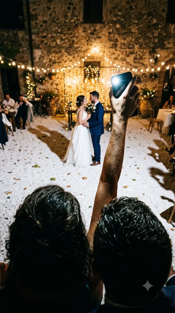 Un invité lève son téléphone au-dessus des têtes pour photographier les mariés pendant la cérémonie.