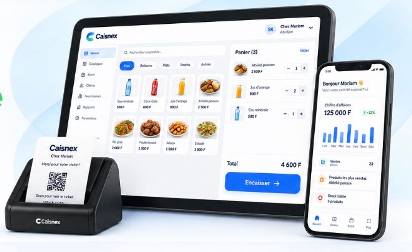 Aperçu du logiciel Caisnex sur tablette et mobile avec imprimante de tickets