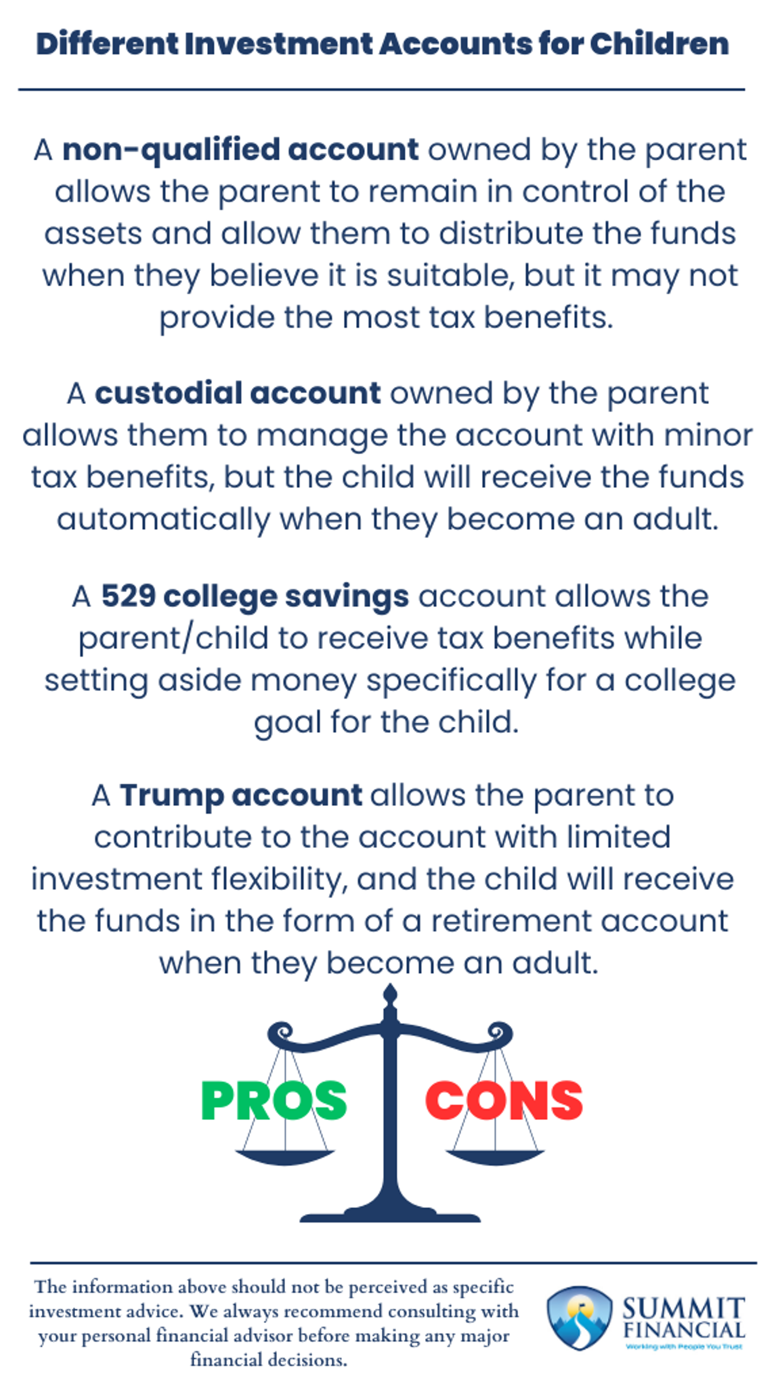 infographic comparing investment accounts for children, including non-qualified accounts, custodial accounts, 529 college savings plans, and Trump accounts, with pros and cons.