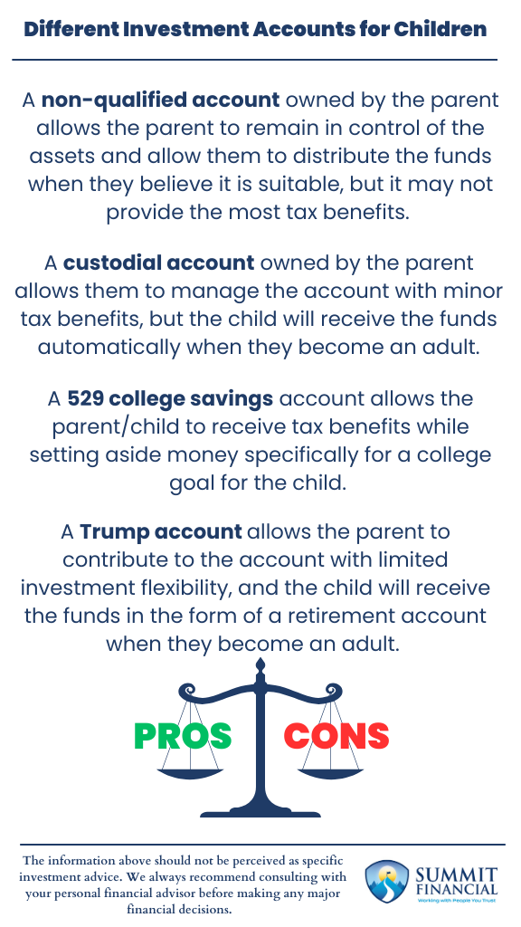 infographic comparing investment accounts for children, including non-qualified accounts, custodial accounts, 529 college savings plans, and Trump accounts, with pros and cons.