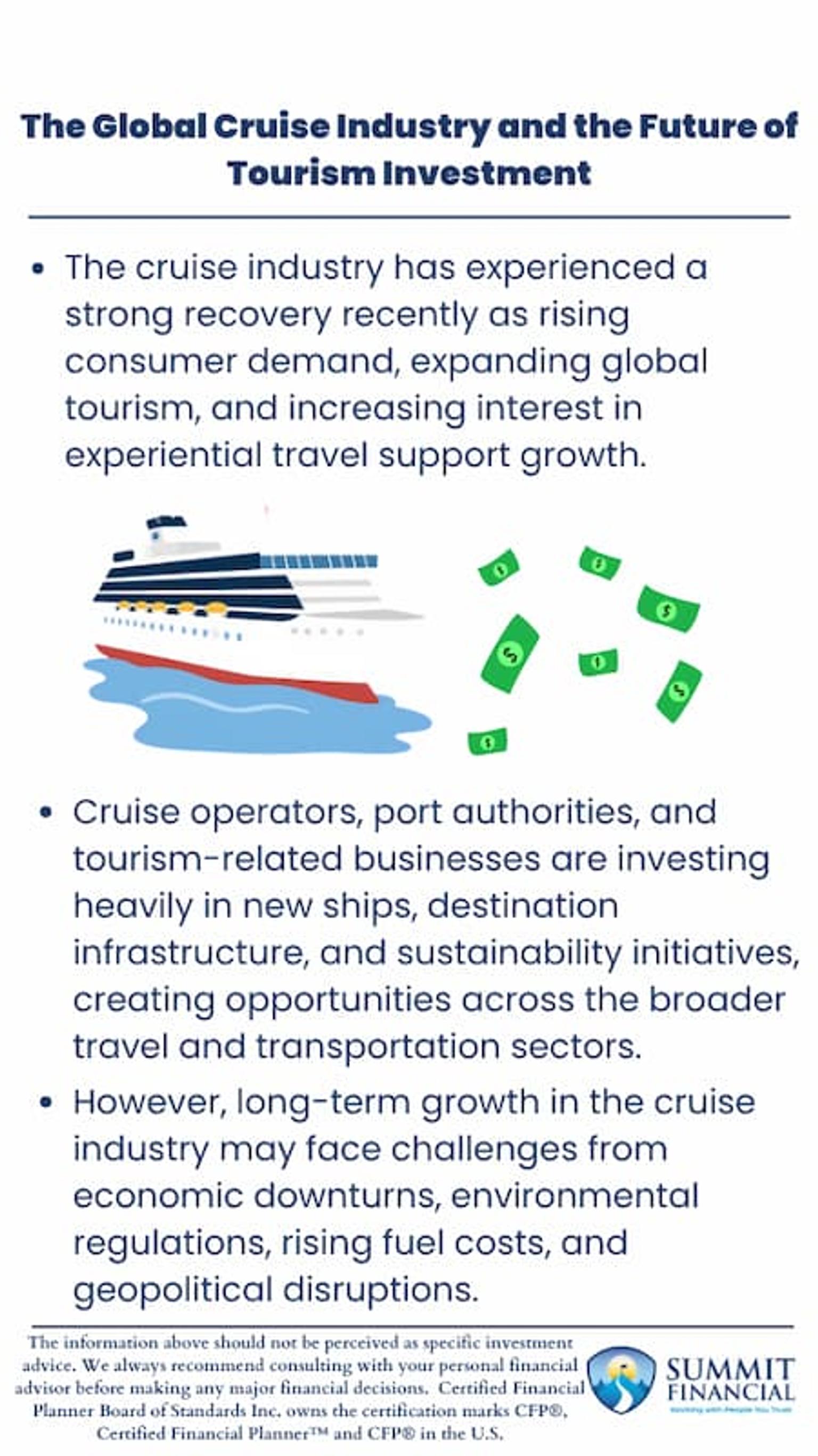 Infographic showing cruise industry growth with illustration of modern cruise ship, investment capital represented by floating dollar bills, and three key points: strong recovery from rising demand and experiential travel, heavy investment in new ships and infrastructure, and challenges from economic downturns, environmental regulations, fuel costs, and geopolitical disruptions - Summit Financial