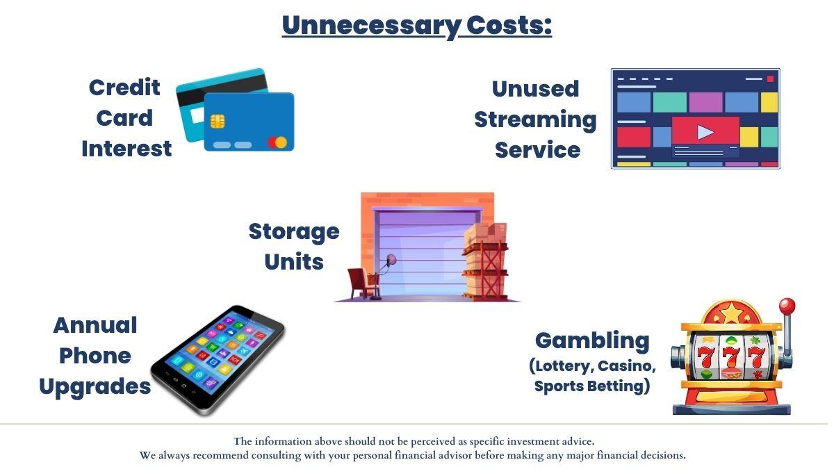 Infographic comparing five unnecessary expenses: credit card interest, unused streaming services, storage units, annual phone upgrades, and gambling—showing costs, red flags, and elimination strategies for budget optimization